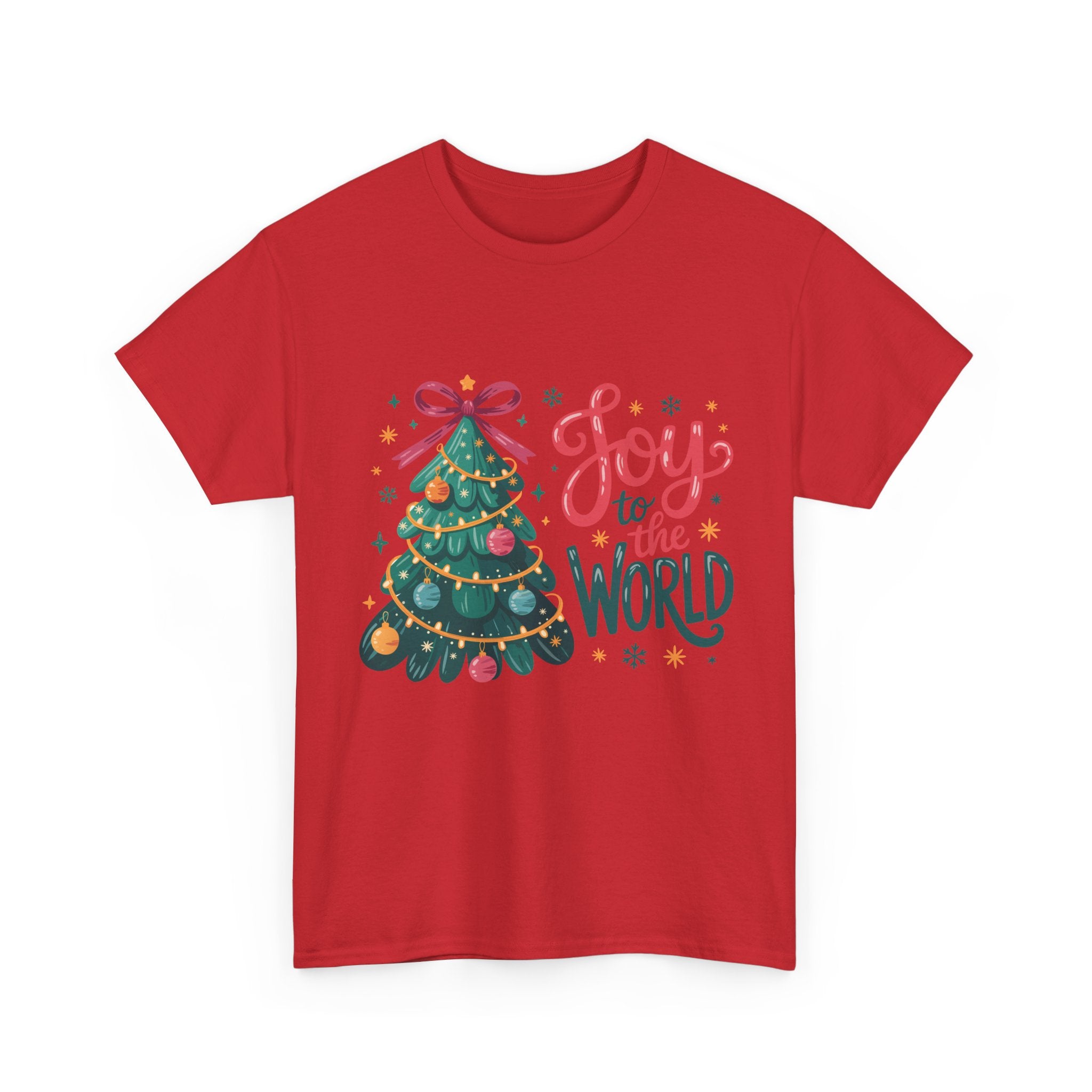 Joy to the World Christmas Tee — Festive Tree with Pink Bow..Unisex Cotton Tee