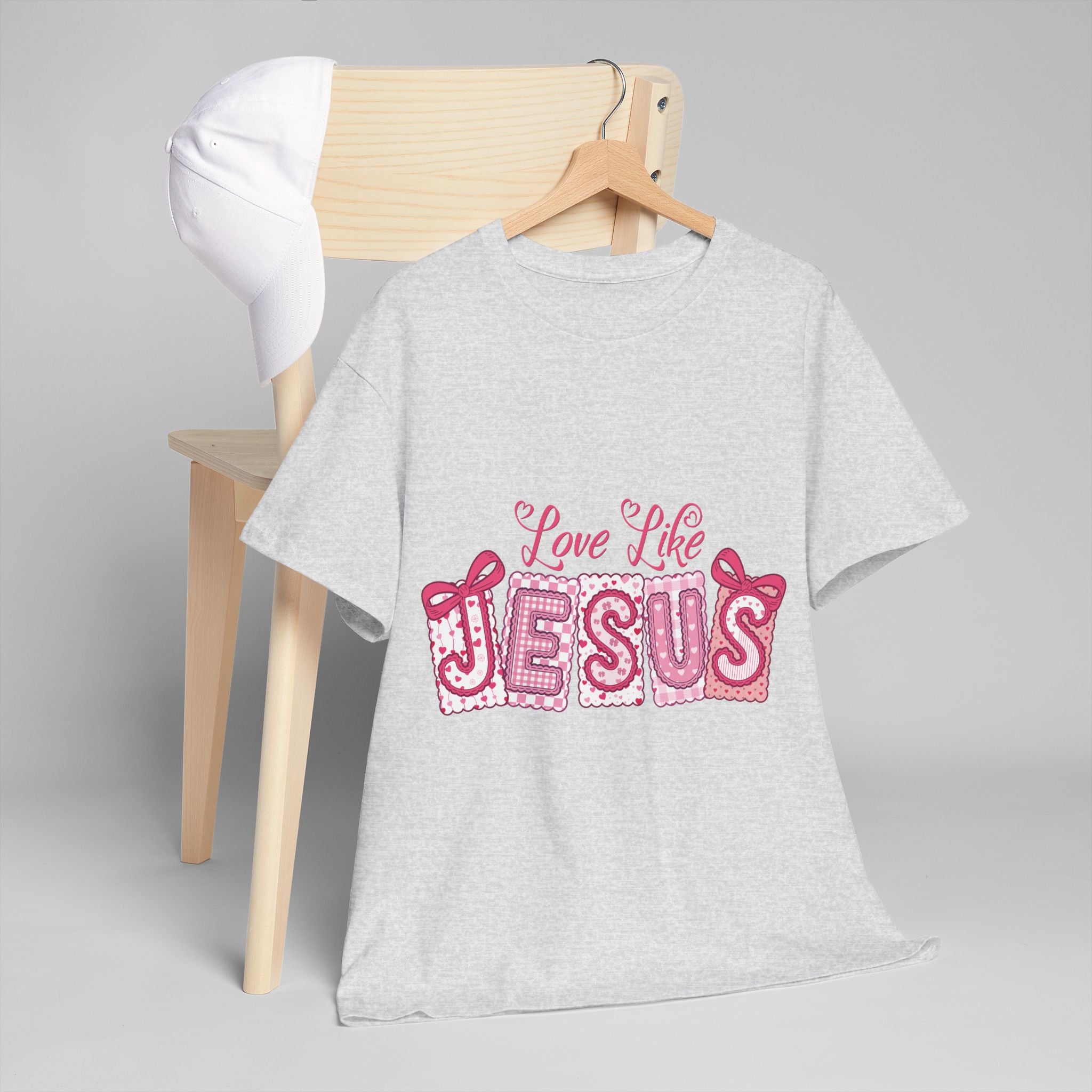 Love Like Jesus Patchwork Tee — Pink Stitched Heart Graphic.Unisex Cotton Tee