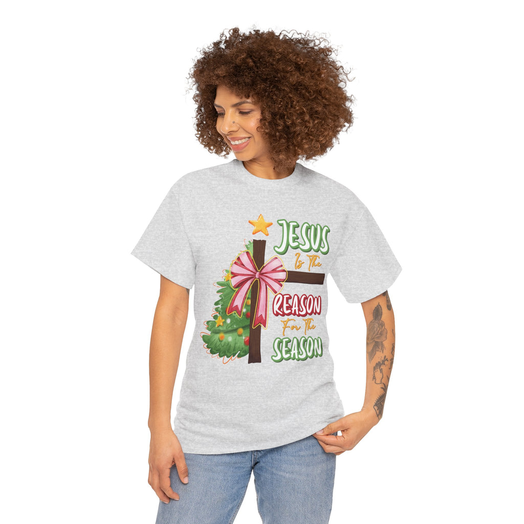 Jesus Is the Reason for the Season Christmas Tee — Cross with Pink Bow & Tree. Unisex Cotton Tee