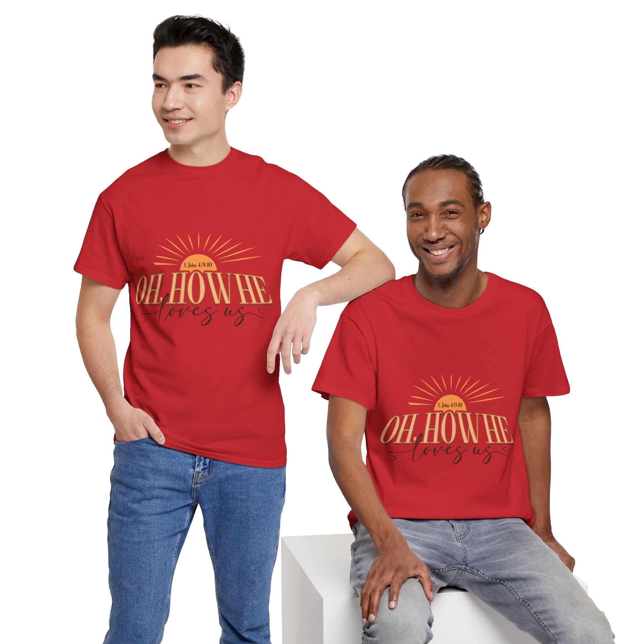 Oh How He Loves Us Sunrise Tee — 1 John 4:9-10 Christian Unisex Cotton T‑Shirt