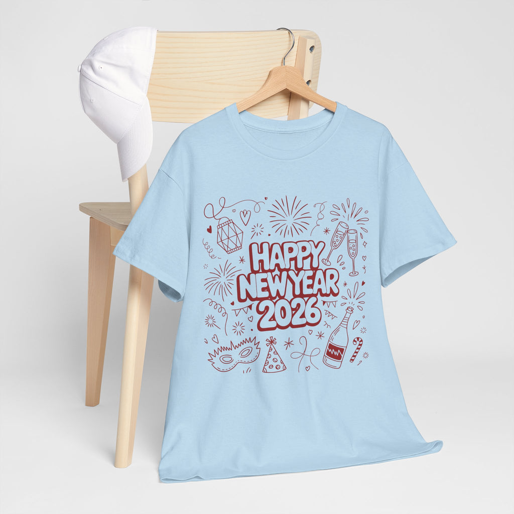 Happy New Year 2026 Doodle T-Shirt — Pink Party Icons & Champagne Unisex Cotton Tee