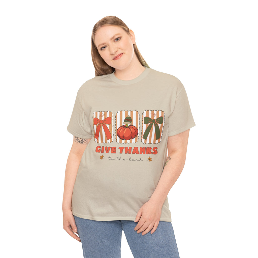 Give Thanks Thanksgiving T-Shirt — Pumpkin with Hat & Bows Unisex Cotton Tee