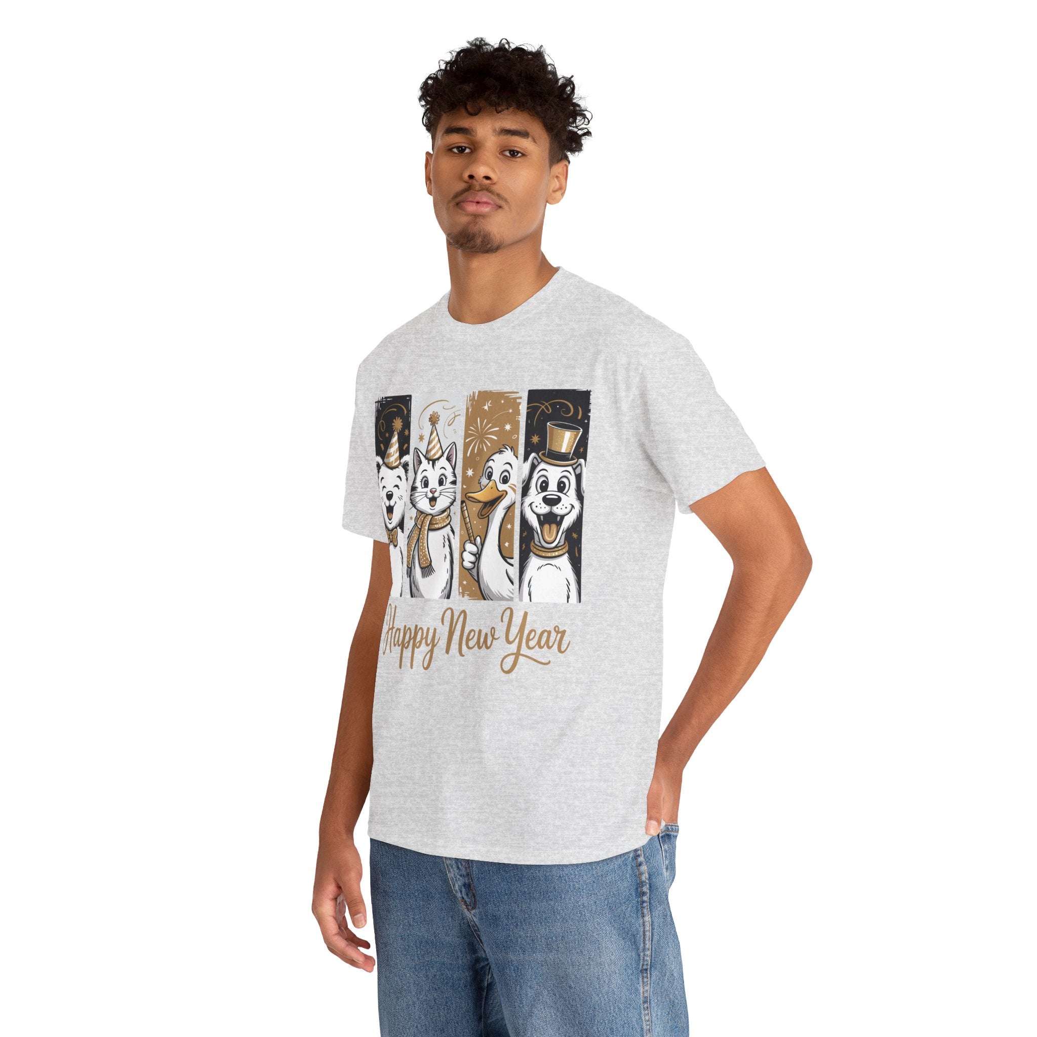 Happy New Year Party Animals T-Shirt — Cute Smiling Animals in Party Hats & Gold Fireworks..Unisex Cotton Tee
