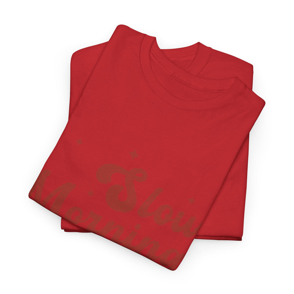 Slow Mornings Club T-Shirt — Retro Red Sparkle Unisex Cotton Tee