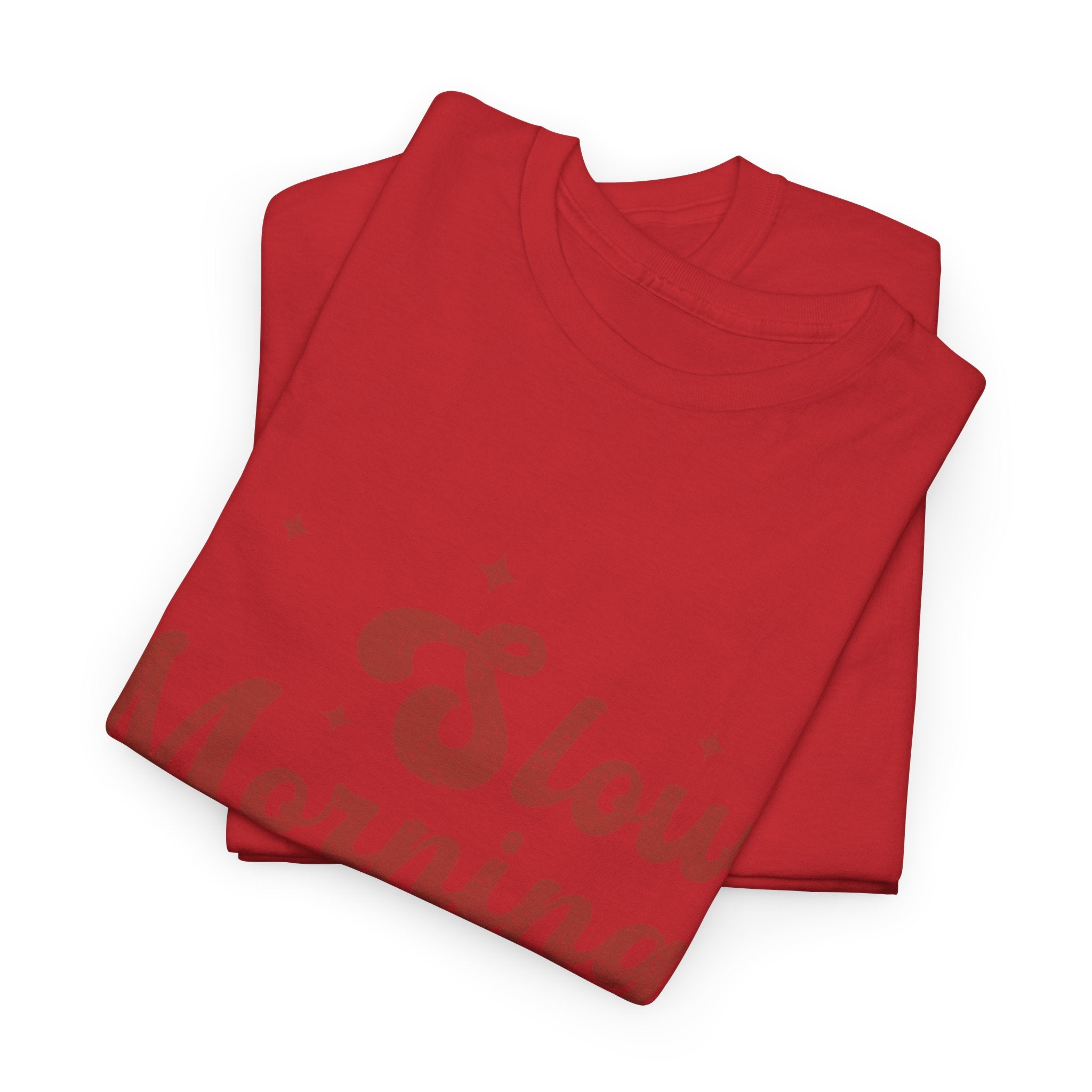 Slow Mornings Club T-Shirt — Retro Red Sparkle Unisex Cotton Tee