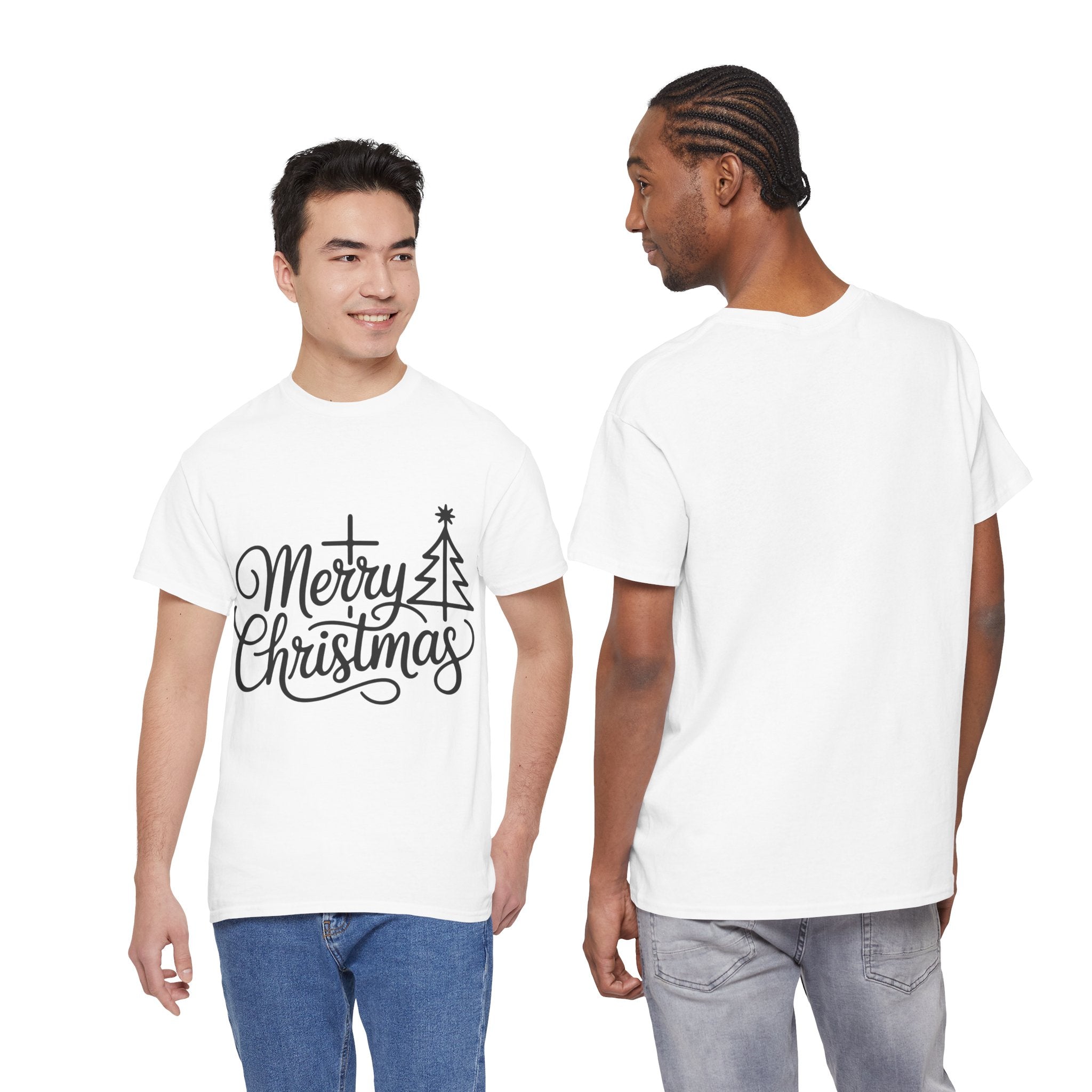 Merry Christmas Script T-Shirt with Cross & Tree(Unisex Cotton Tee)