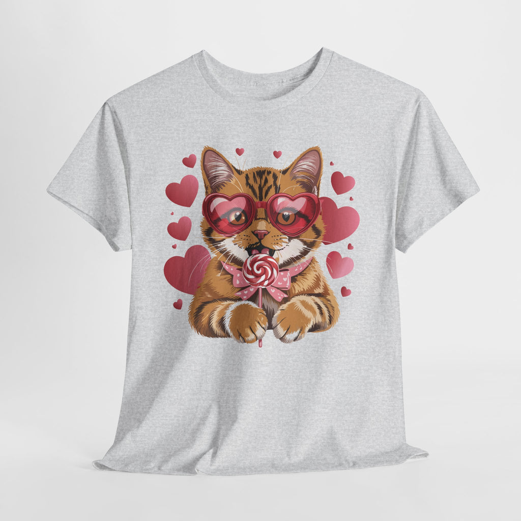 Valentine Cat Tee — Heart Glasses, Lollipop Bow Unisex Cotton Tee