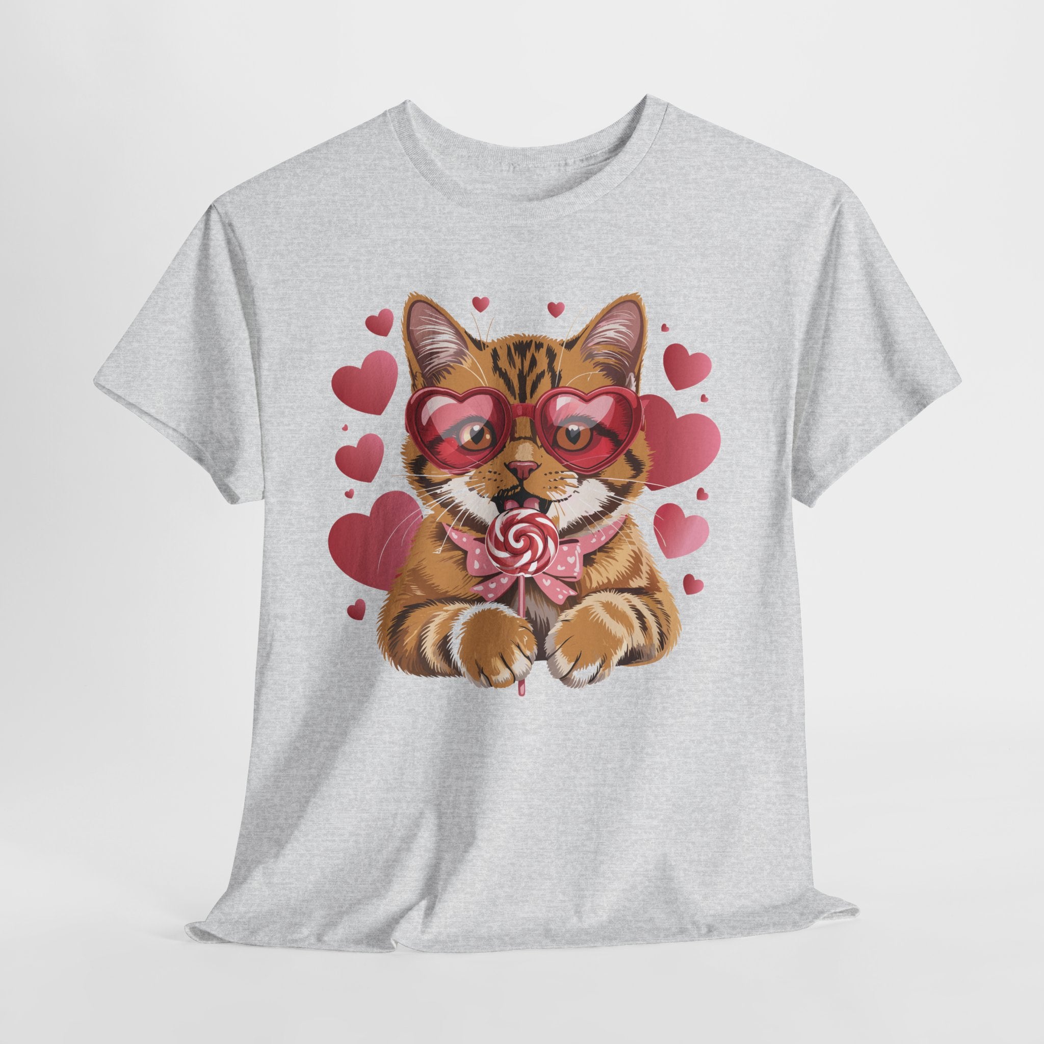 Valentine Cat Tee — Heart Glasses, Lollipop Bow Unisex Cotton Tee