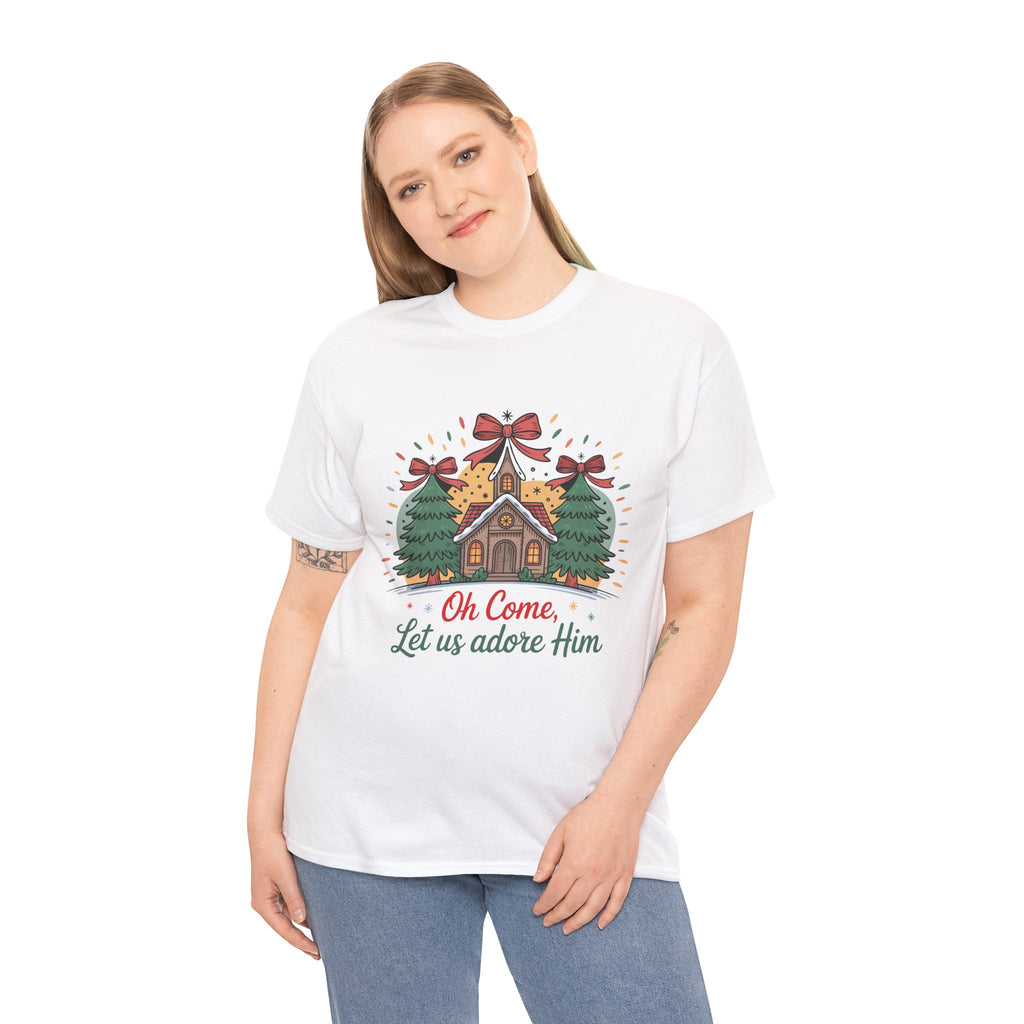 Oh Come Let Us Adore Him Christmas Tee — Church & Trees Holiday Unisex Cotton Tshirt