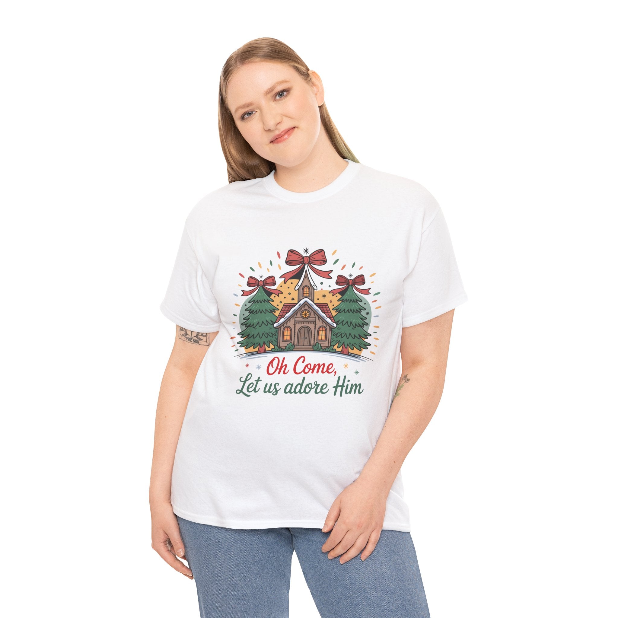 Oh Come Let Us Adore Him Christmas Tee — Church & Trees Holiday Unisex Cotton Tshirt