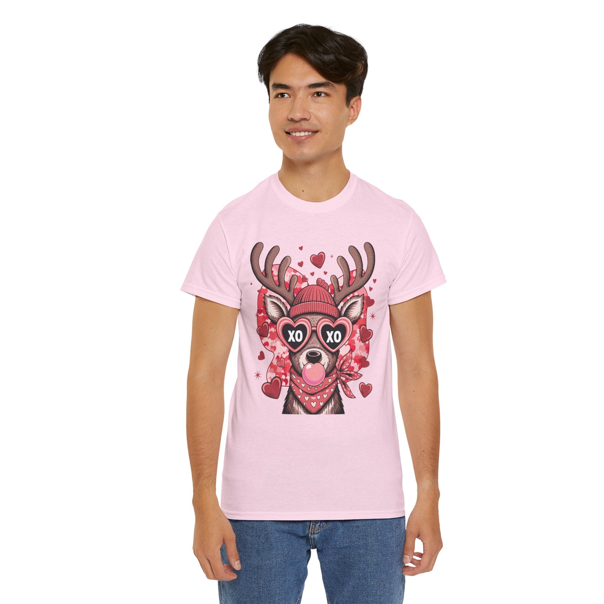 Valentine Deer Tee — Cute XO Heart Glasses, Beanie & Scarf Unisex Cotton Tshirt