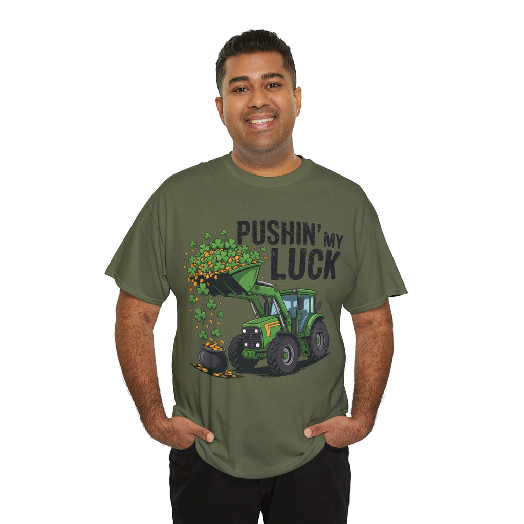 Pushin' My Luck Shamrock Tractor Tee — St. Patrick's Day Unisex Cotton T-Shirt