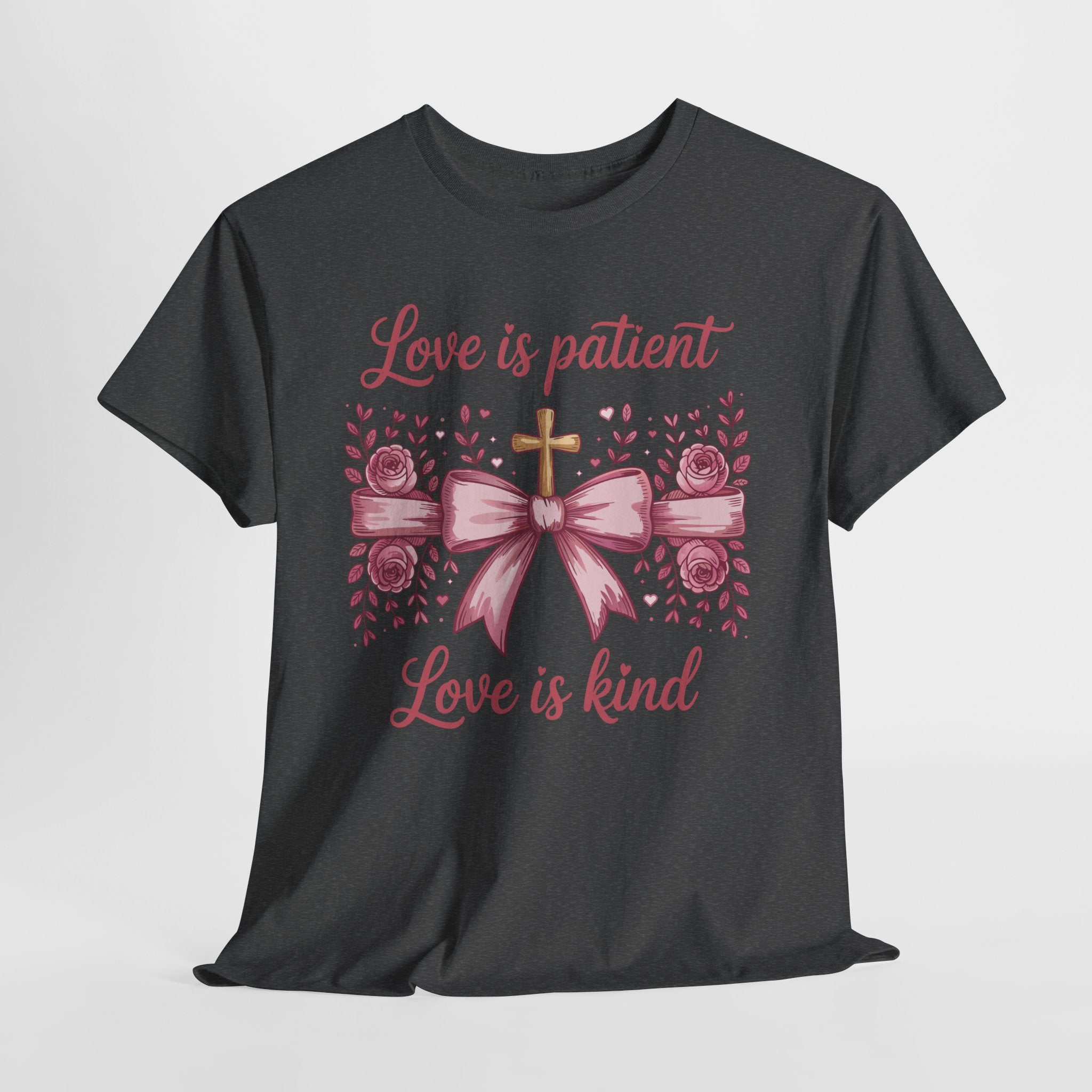 Christian Floral Tee — "Love is Patient, Love is Kind" Pink Rose Cross. Unisex Cotton Tee