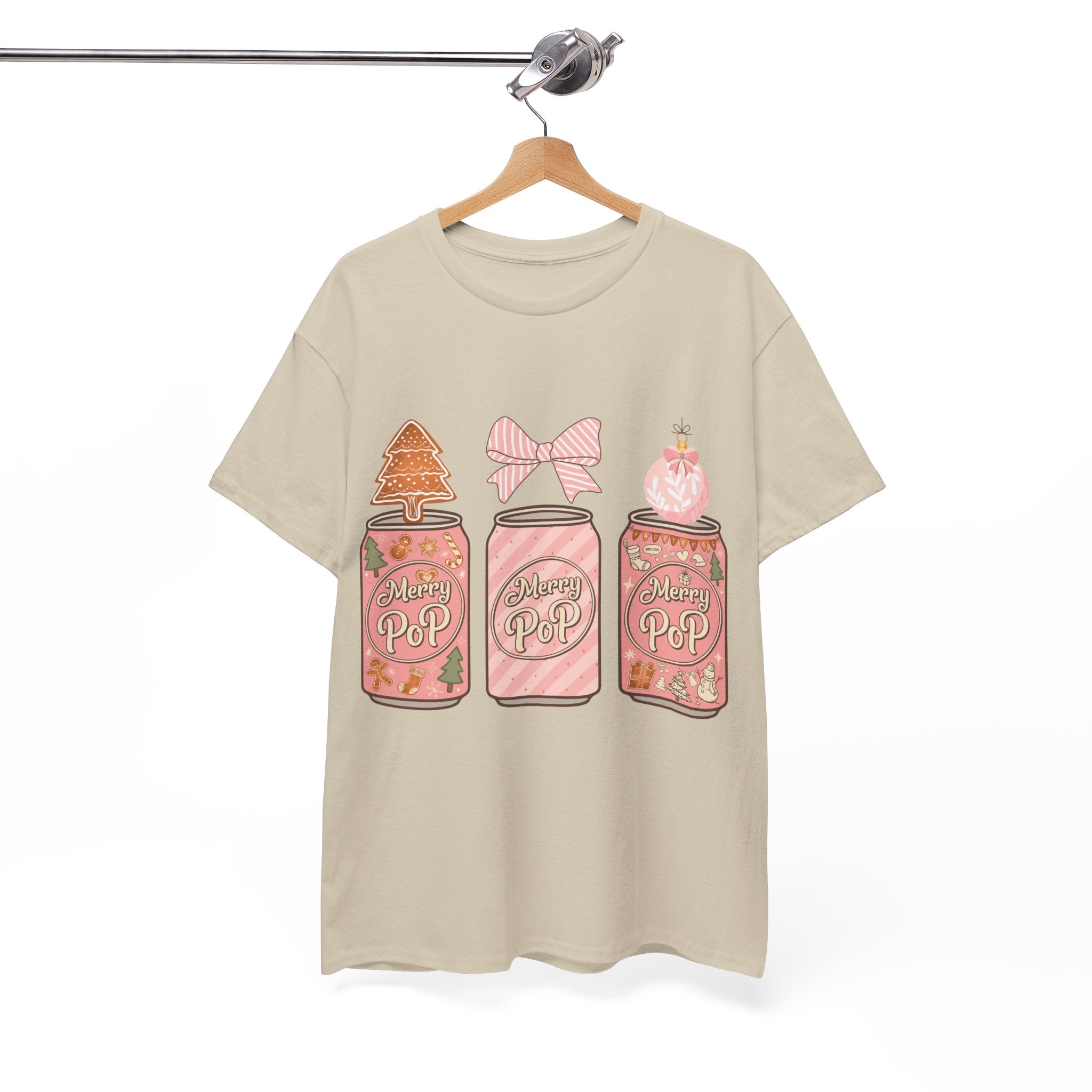 Merry Pop Christmas Soda Can Tee — Pastel Holiday Graphic Unisex Cotton T-Shirt