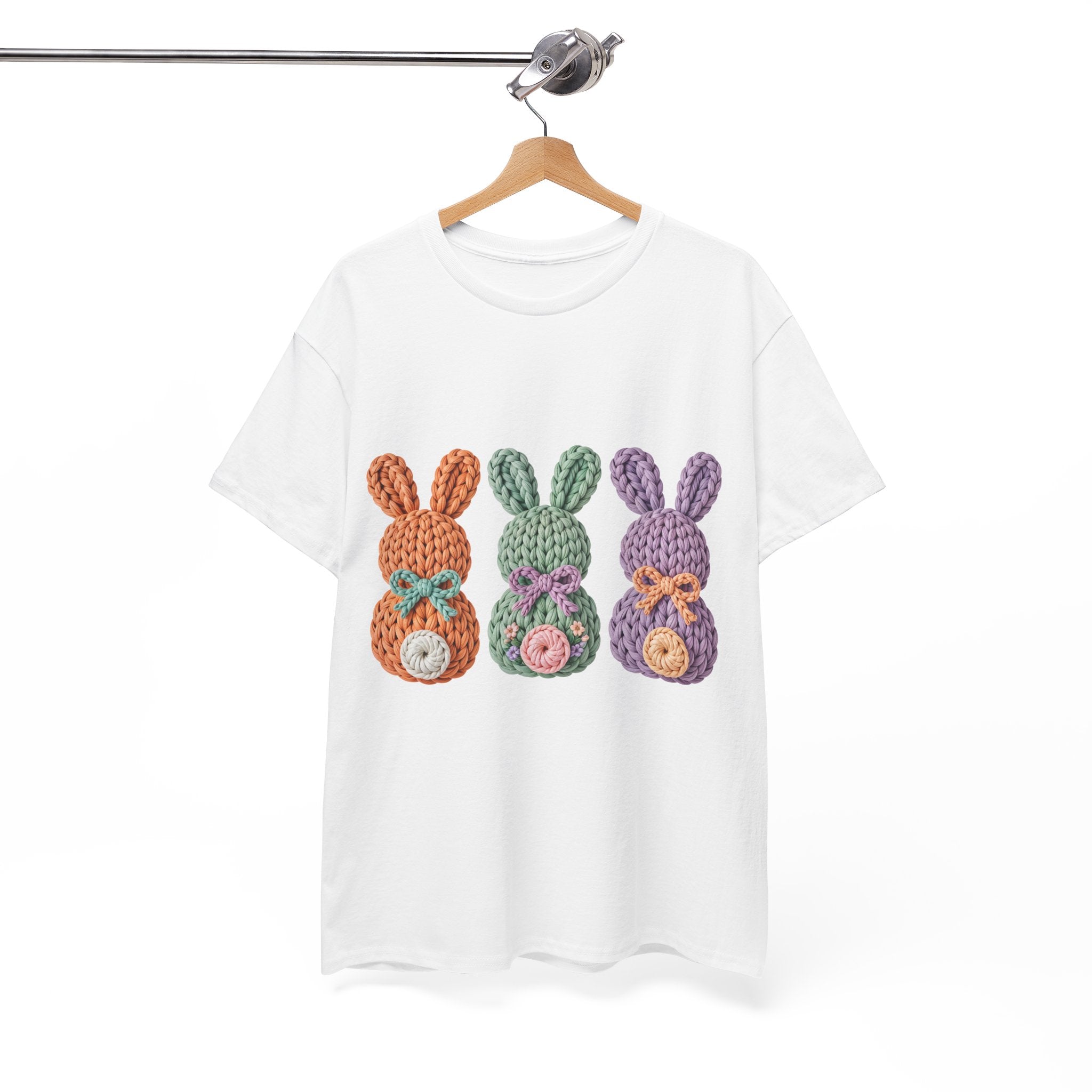 Pastel Crochet Bunny Tee — Trio of Faux Knit Bunnies with Bows & Flowers Unisex Cotton Tee