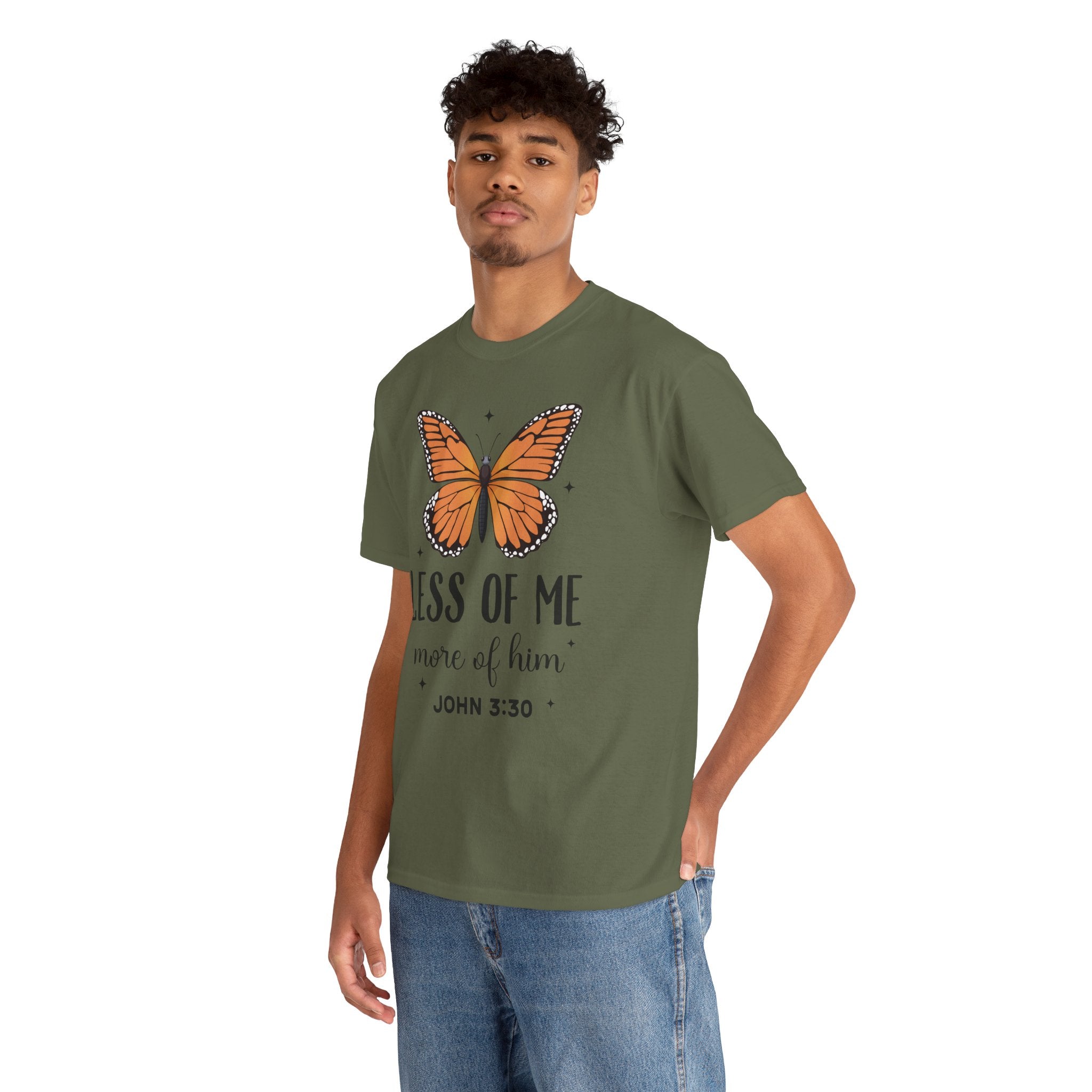 Monarch Butterfly Tee — "Less of Me, More of Him" Christian Unisex cotton T‑Shirt