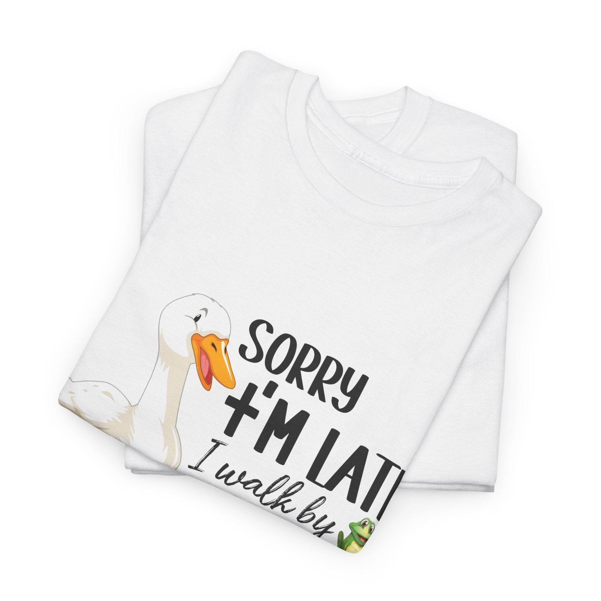 Christian Humor T-Shirt — “Sorry I’m Late, I Walk by Faith Tripping Constantly” (Duck & Frog). Unisex Cotton Tee