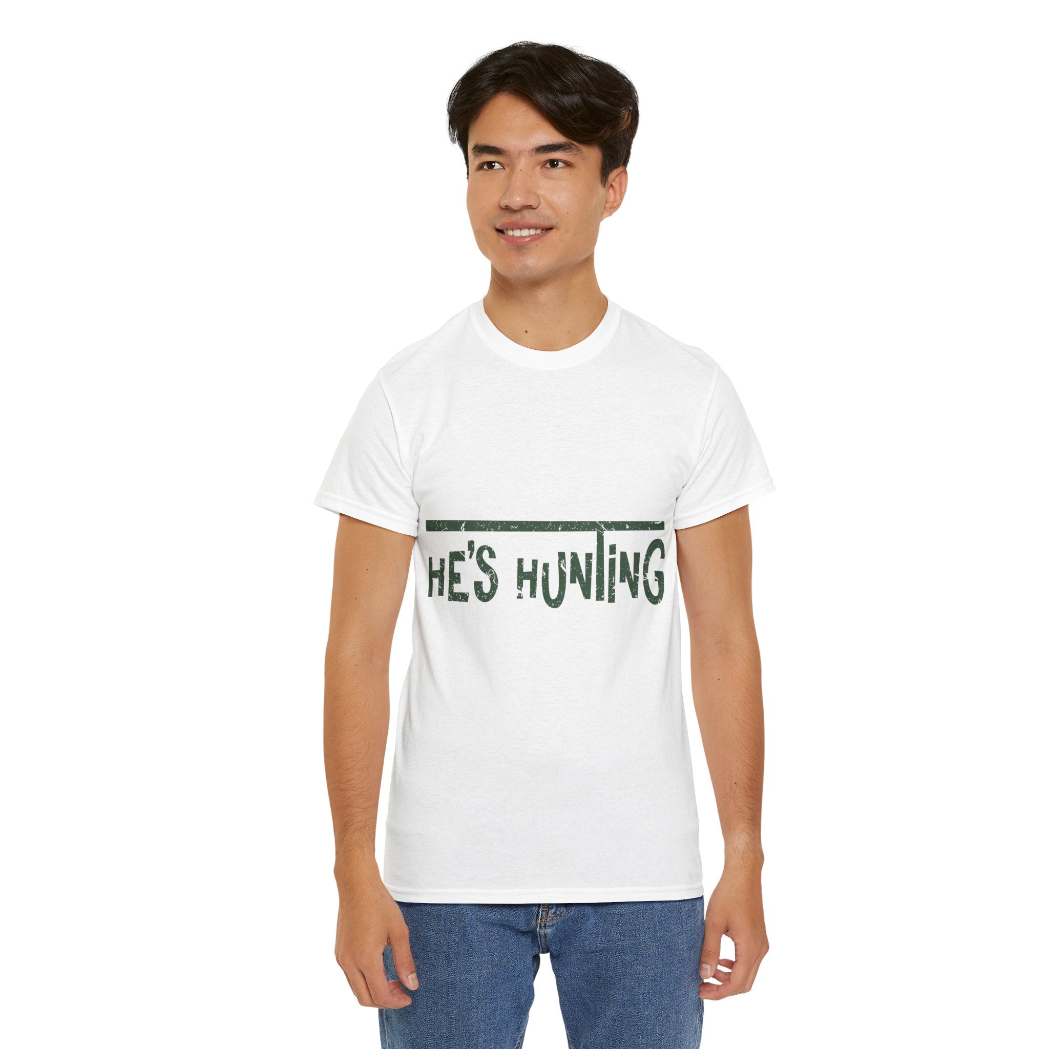 He’s Hunting Distressed Tee — Minimalist Tan Hunting Unisex Cotton Tshirt