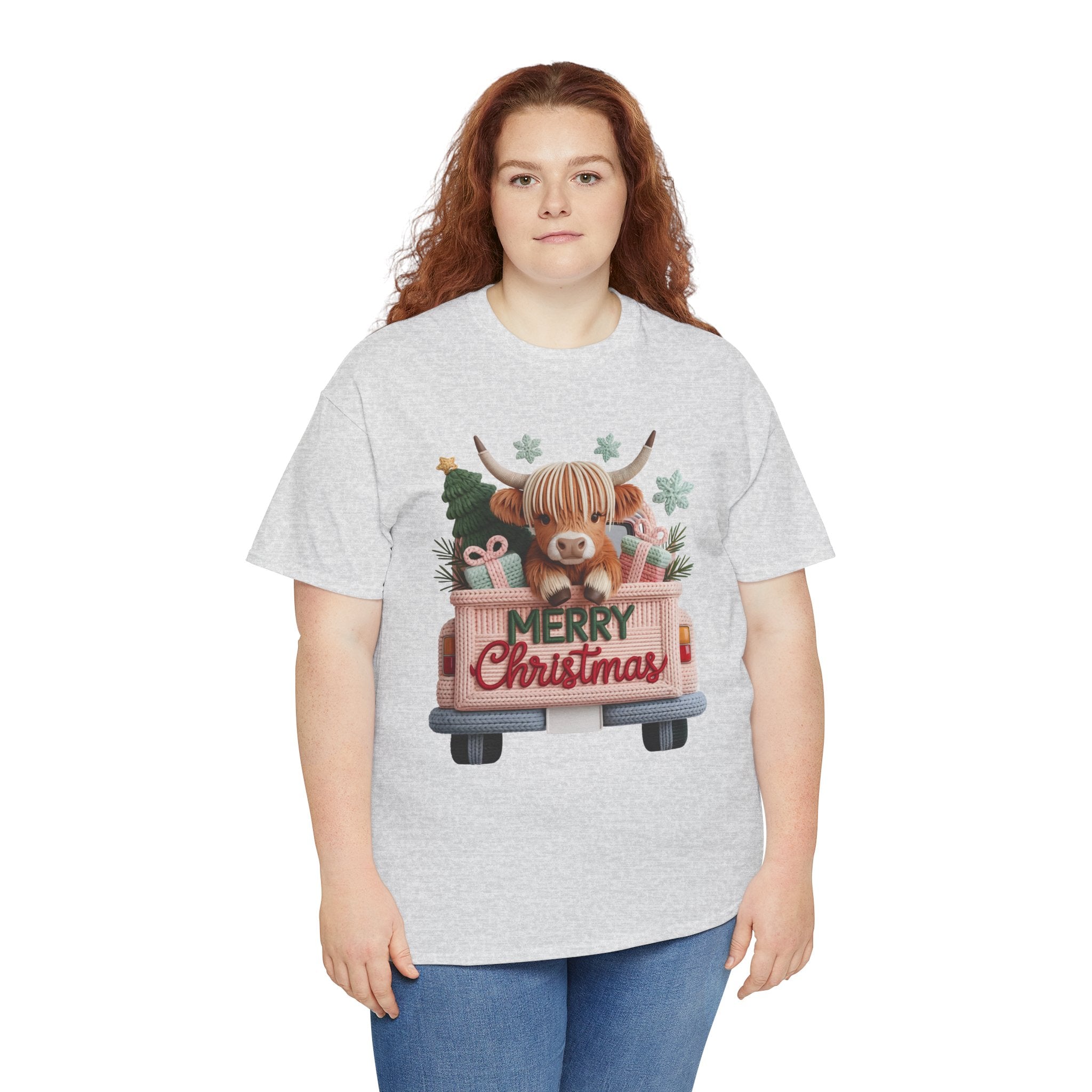 Merry Christmas Highland Cow Knit Truck Unisex Cotton T-Shirt