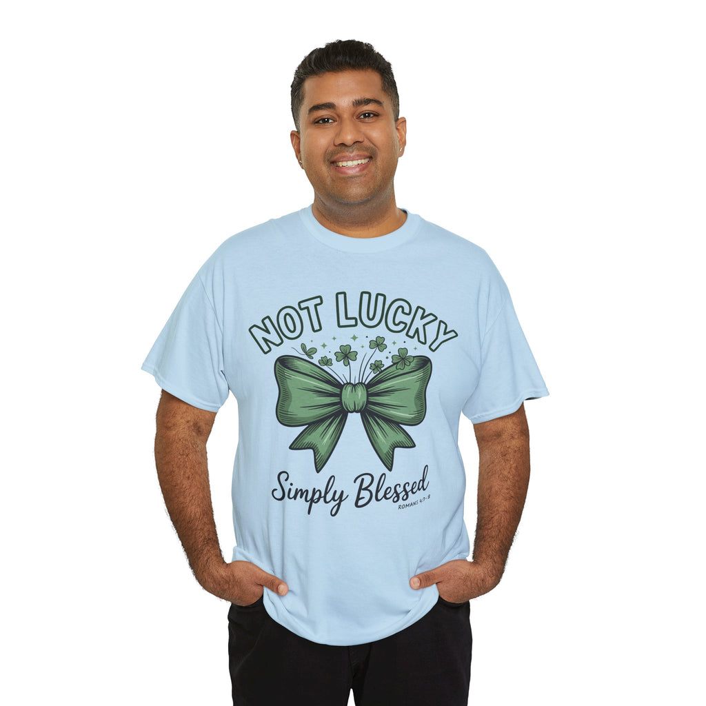 Not Lucky, Simply Blessed T-Shirt — Green Bow & Clovers St. Patrick’s Unisex Cotton Tee