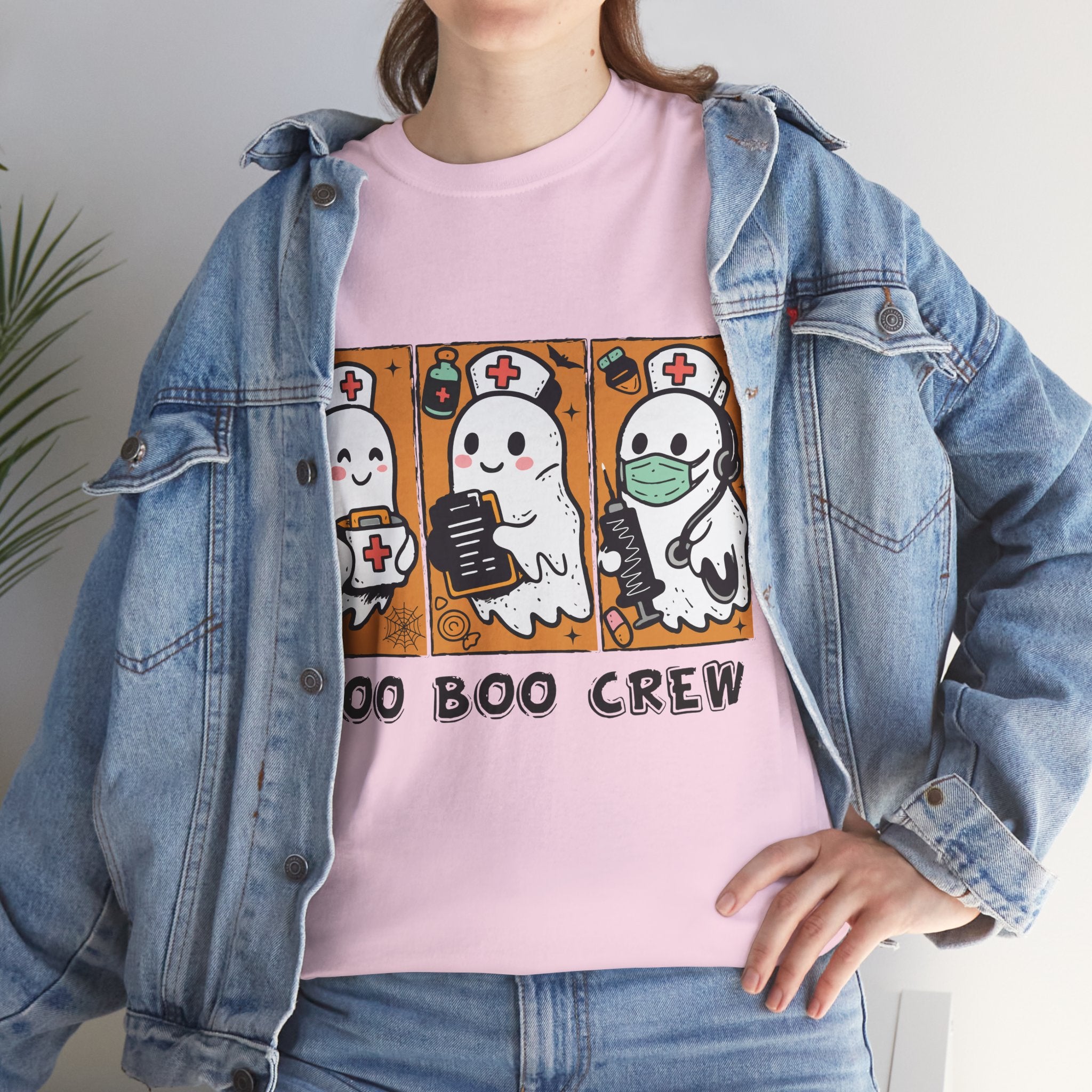 Halloween Nurse T-Shirt — Ghost Nurses Holding Medical Tools on Orange Unisec Cotton Tee
