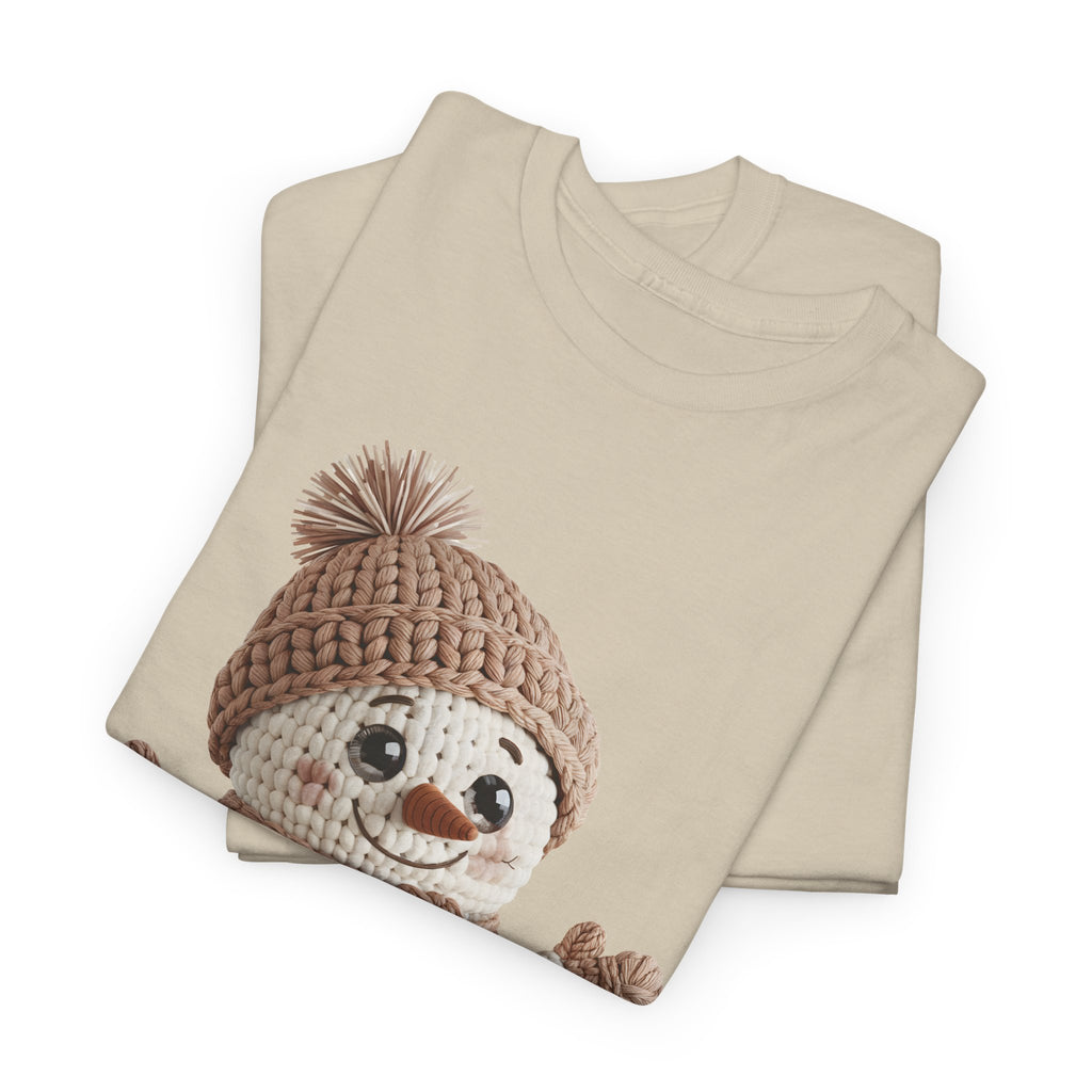 Snowman Knit‑Style Graphic Tee — Cute Faux‑Yarn Snowman with Hat, Scarf & Mittens.Unisex Cotton Tee