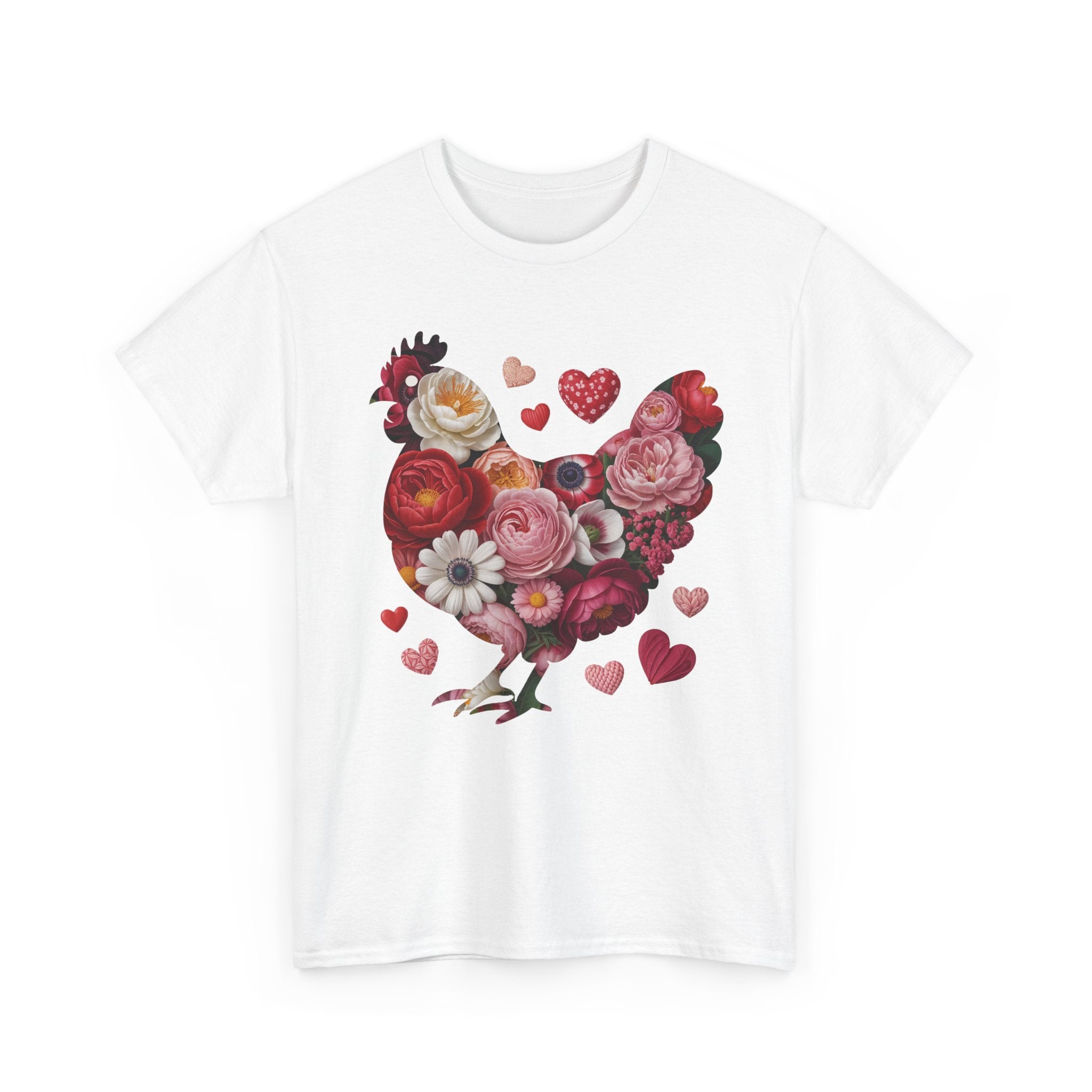 Floral Chicken Heart Tee — Red & Pink Flower Silhouette Unisex Cotton Tee