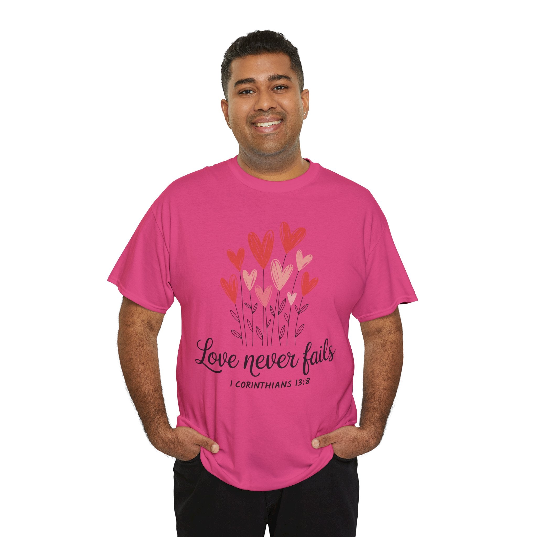 Christian Valentine T-Shirt — "Love Never Fails" (1 Corinthians 13:8) Unisex Cotton Tee