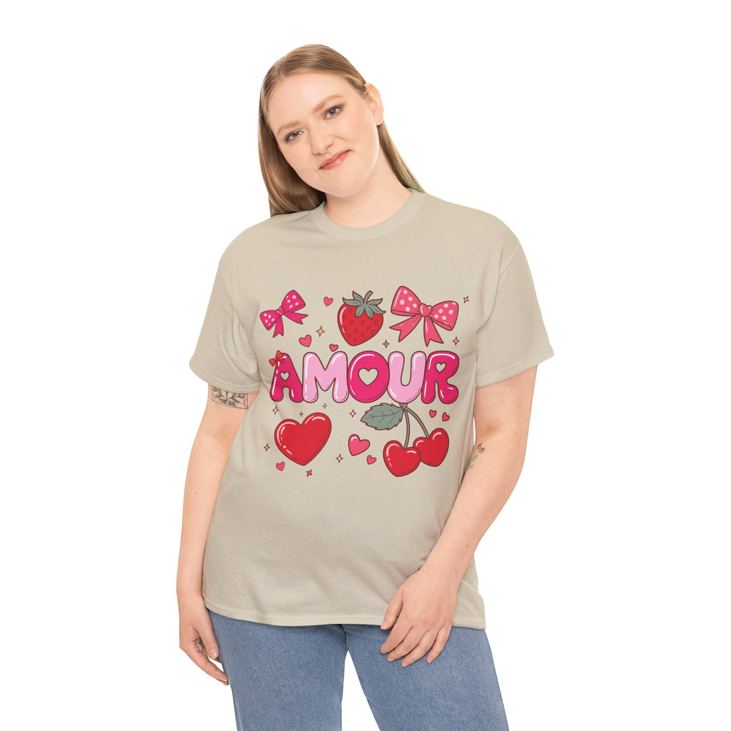 Amour Pink Hearts Tee — Shiny Lettering with Bows, Cherries & Strawberry Accent...Unisex Cotton Tee