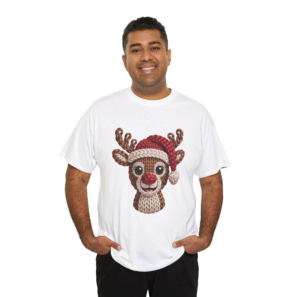 Reindeer in Santa Hat Cotton Tee — Joyful Faux-Yarn Holiday Unisex Coton T-Shirt