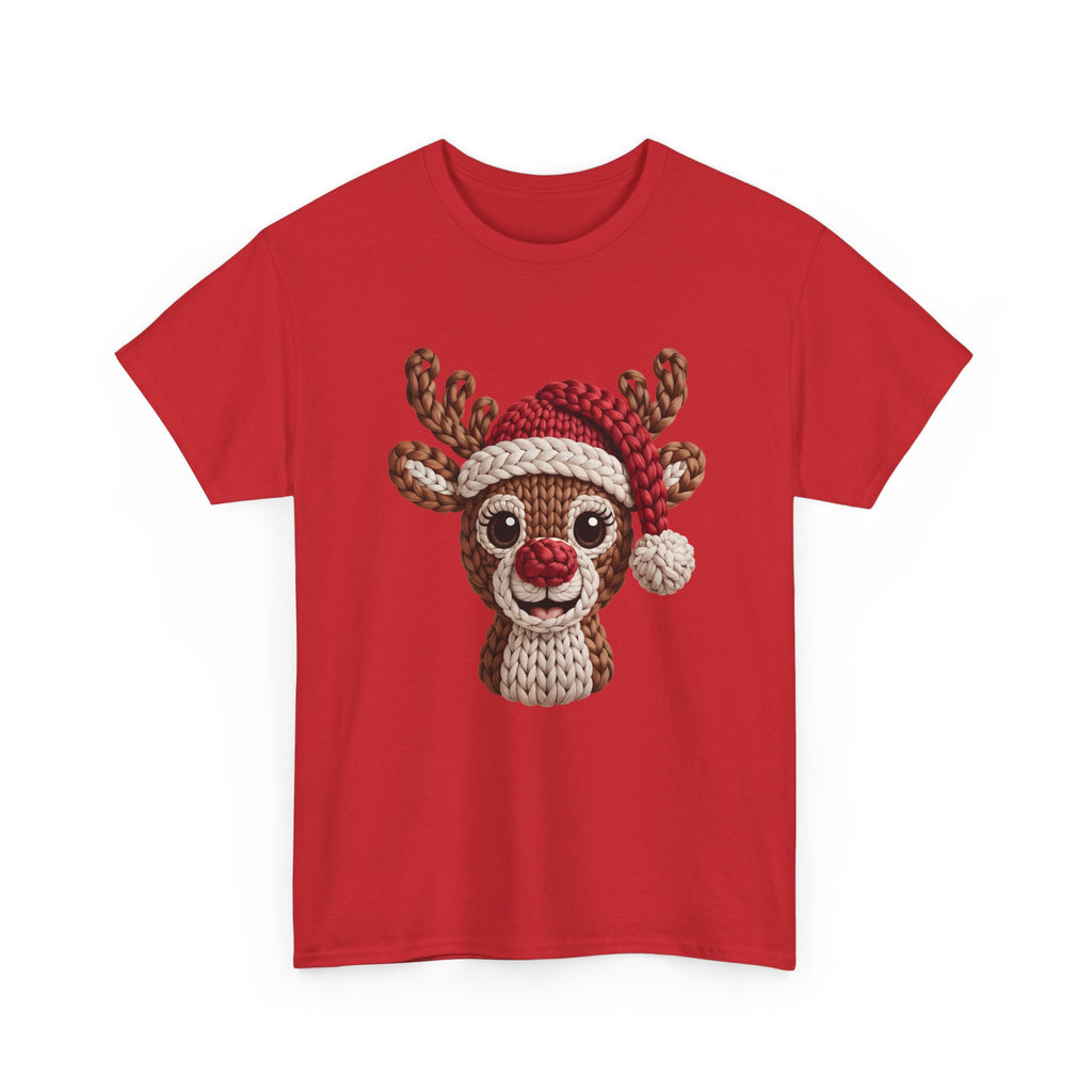 Reindeer in Santa Hat Cotton Tee — Joyful Faux-Yarn Holiday Unisex Coton T-Shirt