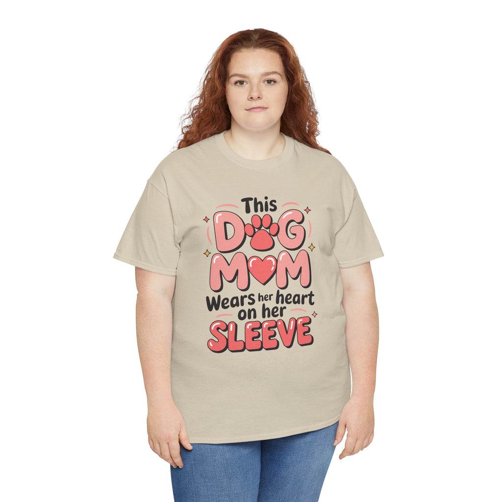 Dog Mom T-Shirt — "This Dog Mom Wears Her Heart on Her Sleeve" Paw & Heart Unisex Cotton Tee