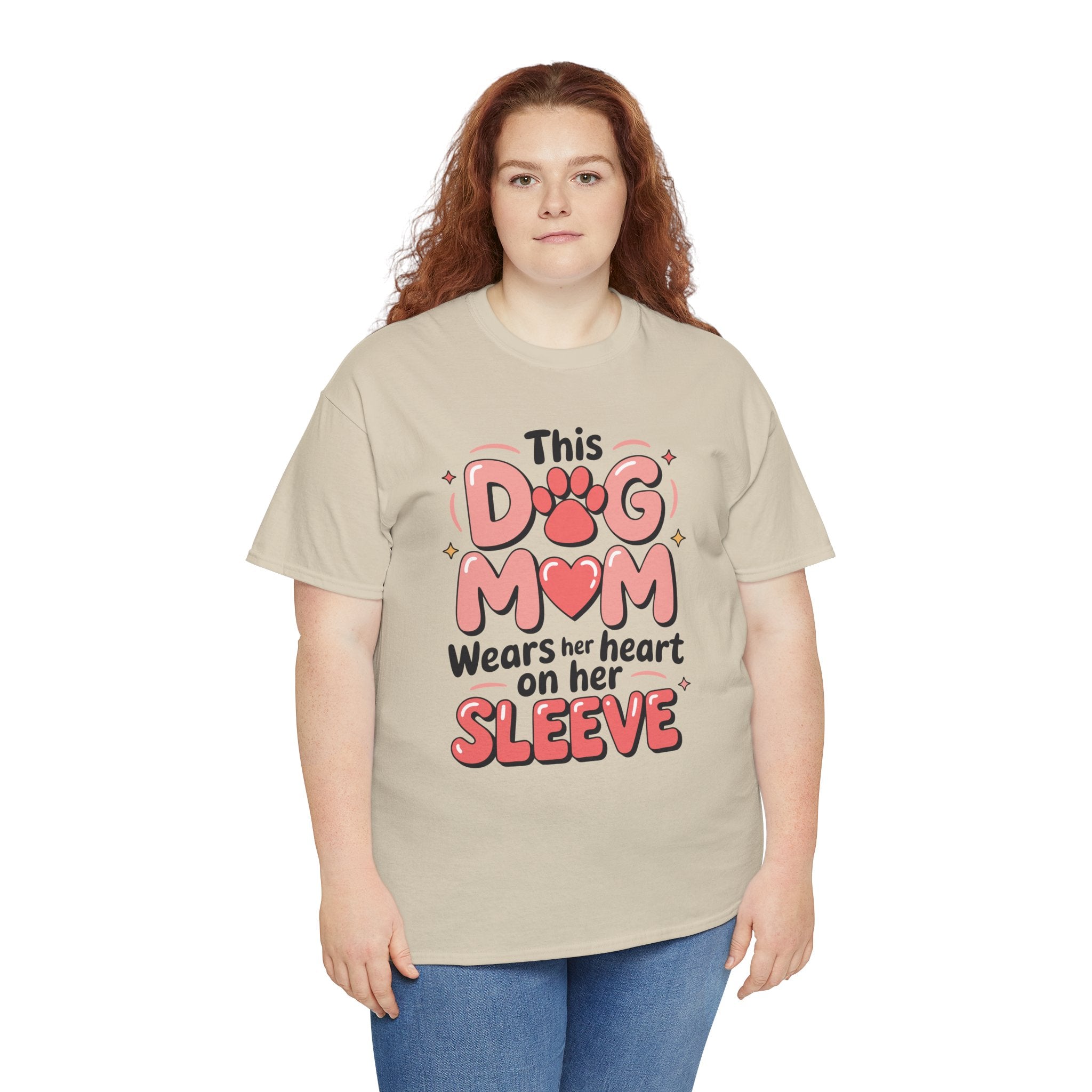 Dog Mom T-Shirt — "This Dog Mom Wears Her Heart on Her Sleeve" Paw & Heart Unisex Cotton Tee