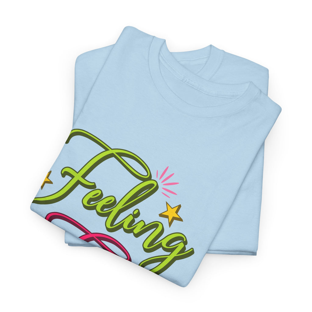 Feeling Frosty Holiday T-Shirt — Green & Pink Script Stars.Unisex Cotton Tee