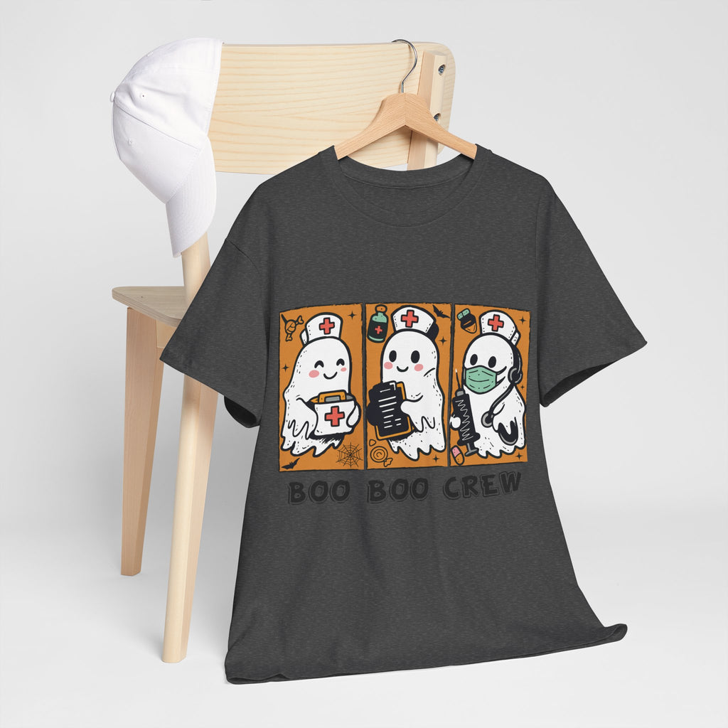 Halloween Nurse T-Shirt — Ghost Nurses Holding Medical Tools on Orange Unisec Cotton Tee
