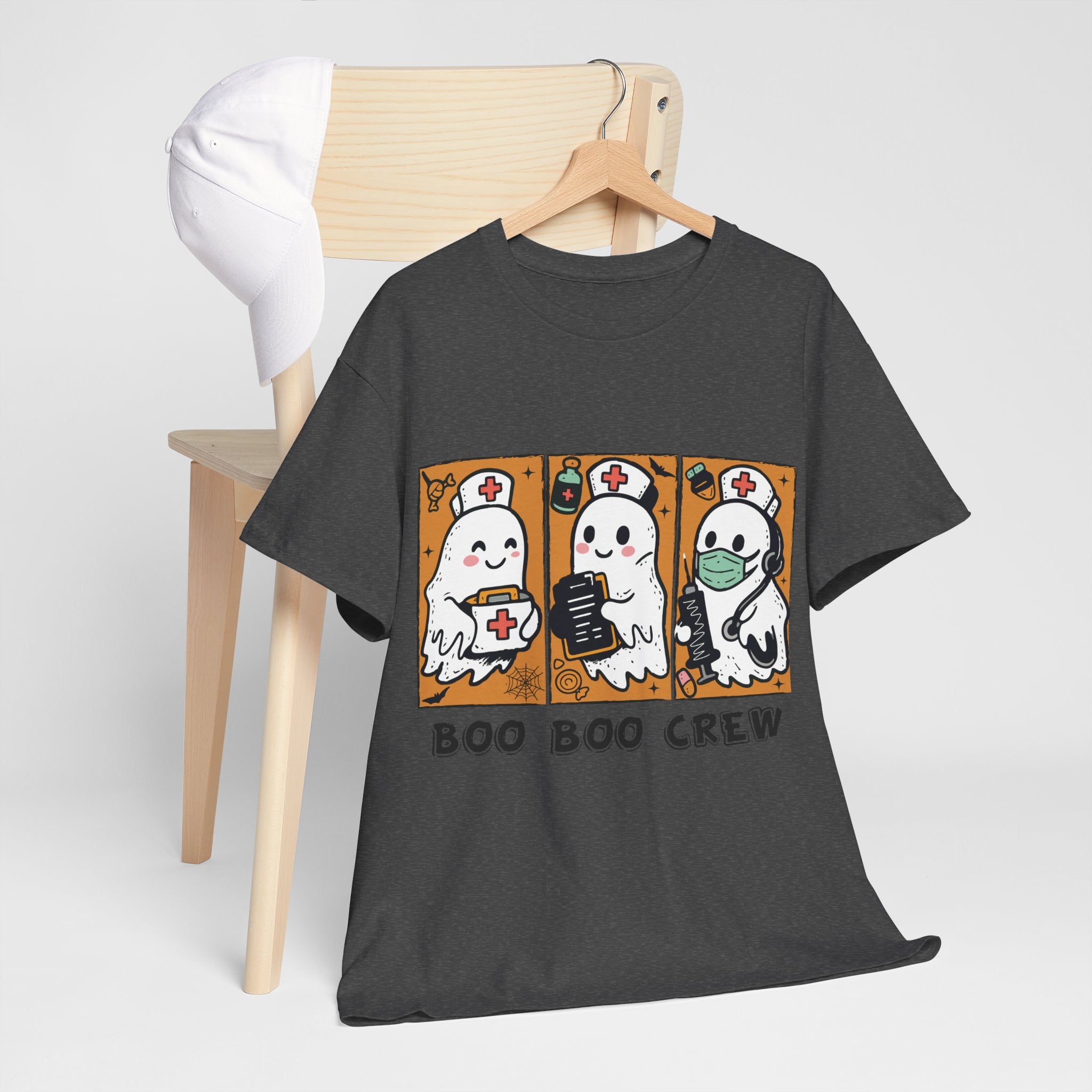 Halloween Nurse T-Shirt — Ghost Nurses Holding Medical Tools on Orange Unisec Cotton Tee