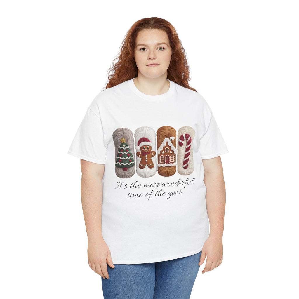 Christmas Faux-Yarn Tree Tee — Gingerbread House & Candy Cane Holiday Unisex Cotton T-Shirt