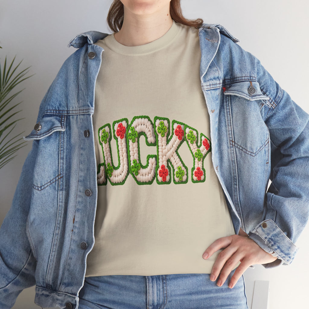 Lucky Crochet Clover T-Shirt — Faux-Yarn Embroidered St. Patrick’s Unisex Cotton Tee