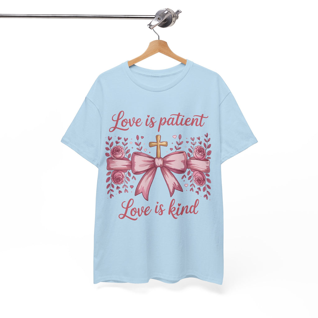 Christian Floral Tee — "Love is Patient, Love is Kind" Pink Rose Cross. Unisex Cotton Tee