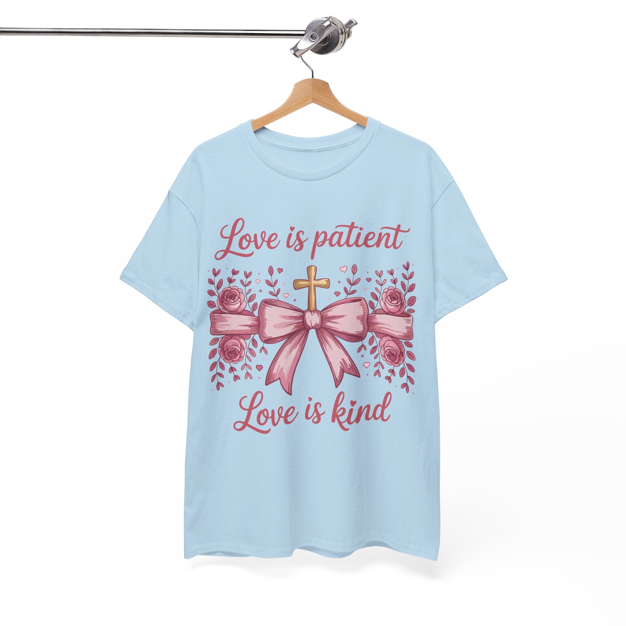 Christian Floral Tee — "Love is Patient, Love is Kind" Pink Rose Cross. Unisex Cotton Tee