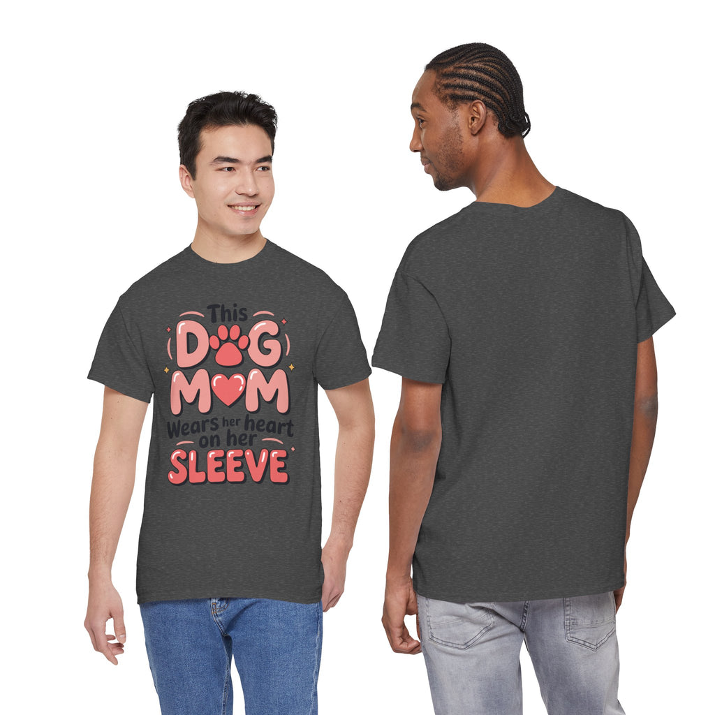 Dog Mom T-Shirt — "This Dog Mom Wears Her Heart on Her Sleeve" Paw & Heart Unisex Cotton Tee