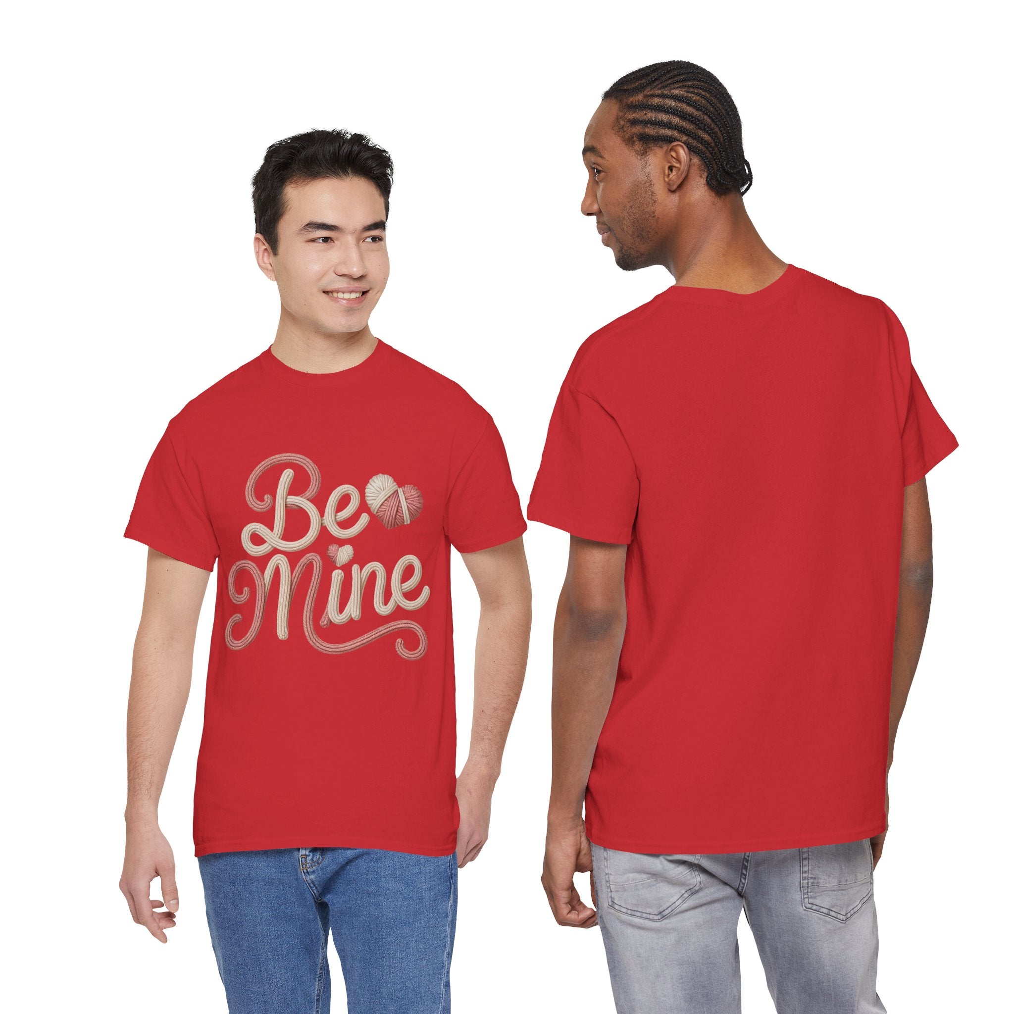 Be Mine Yarn Heart T-Shirt — Valentine’s Faux-Yarn Pink & Cream Unisex Cotton Tee