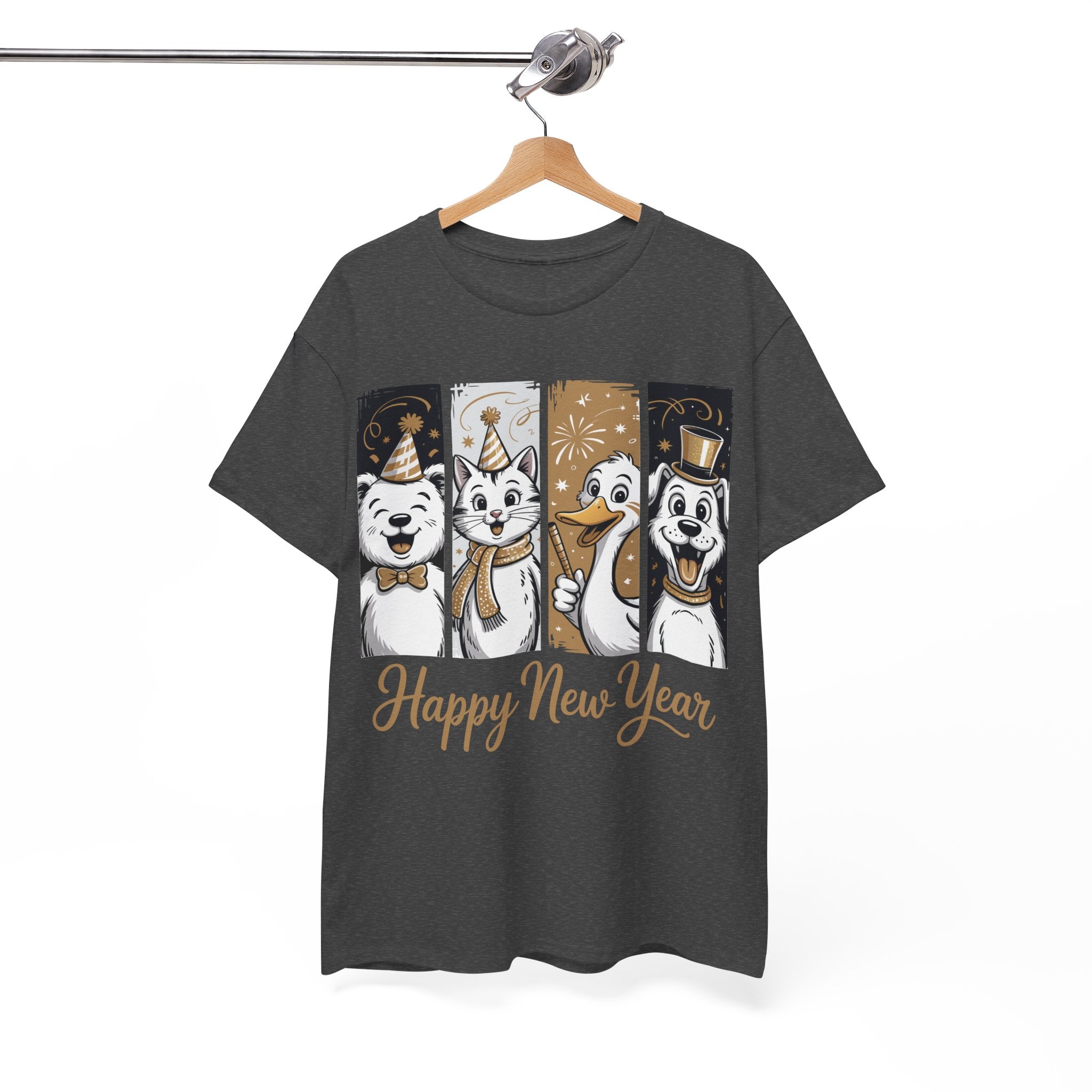 Happy New Year Party Animals T-Shirt — Cute Smiling Animals in Party Hats & Gold Fireworks..Unisex Cotton Tee