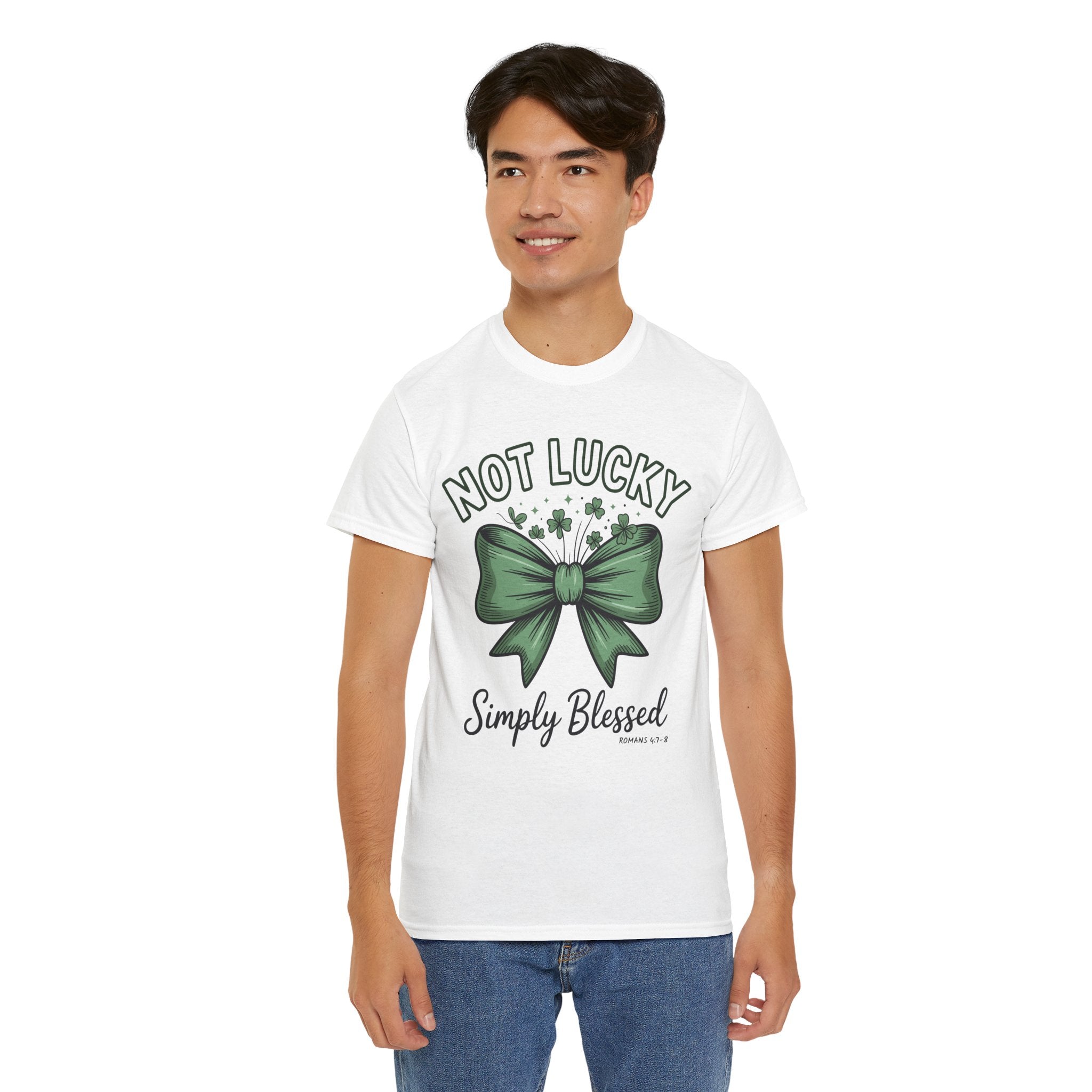 Not Lucky, Simply Blessed T-Shirt — Green Bow & Clovers St. Patrick’s Unisex Cotton Tee