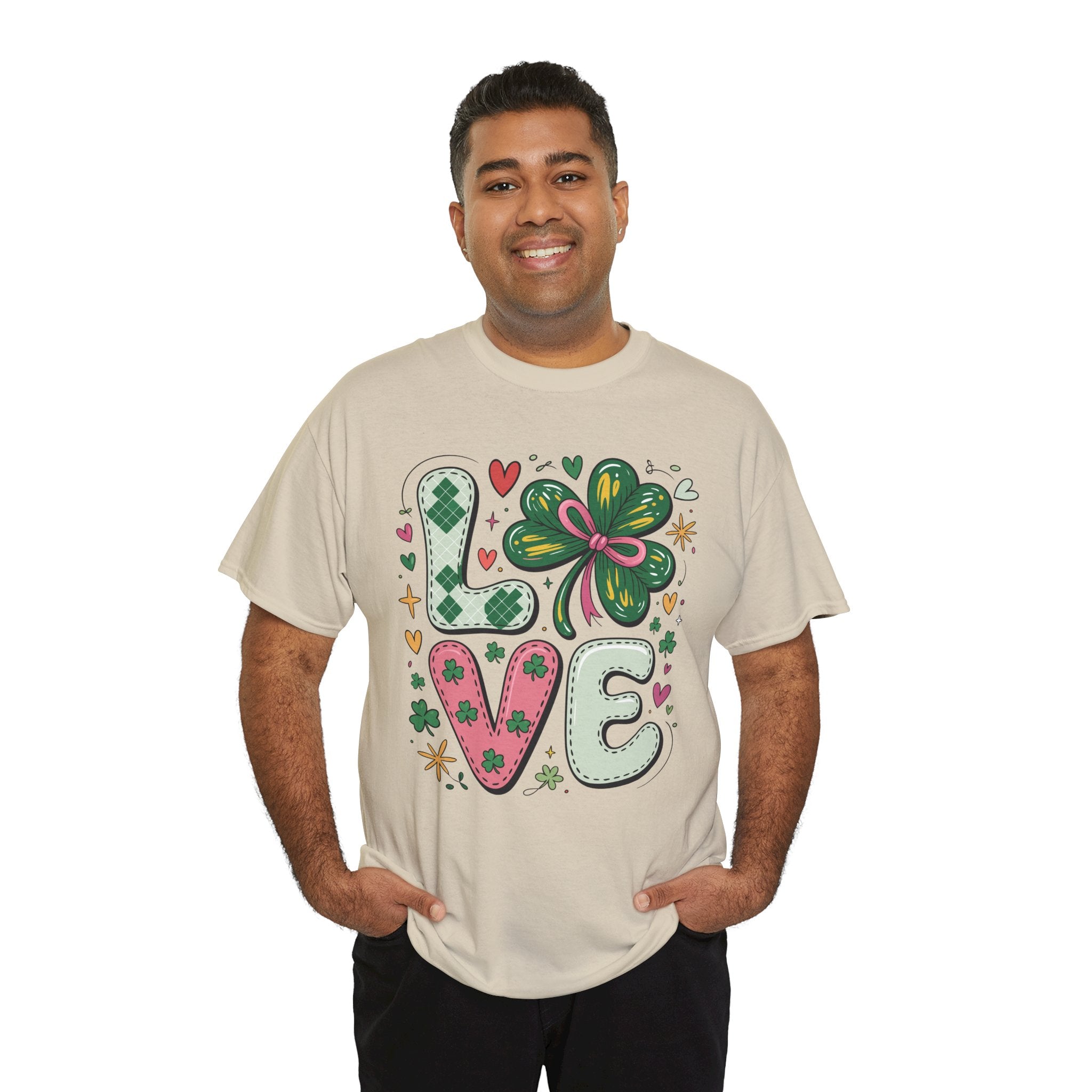 Stitched Clover 'LOVE' Tee — Heart & Patchwork St. Patrick's Unisex Cotton T-Shirt