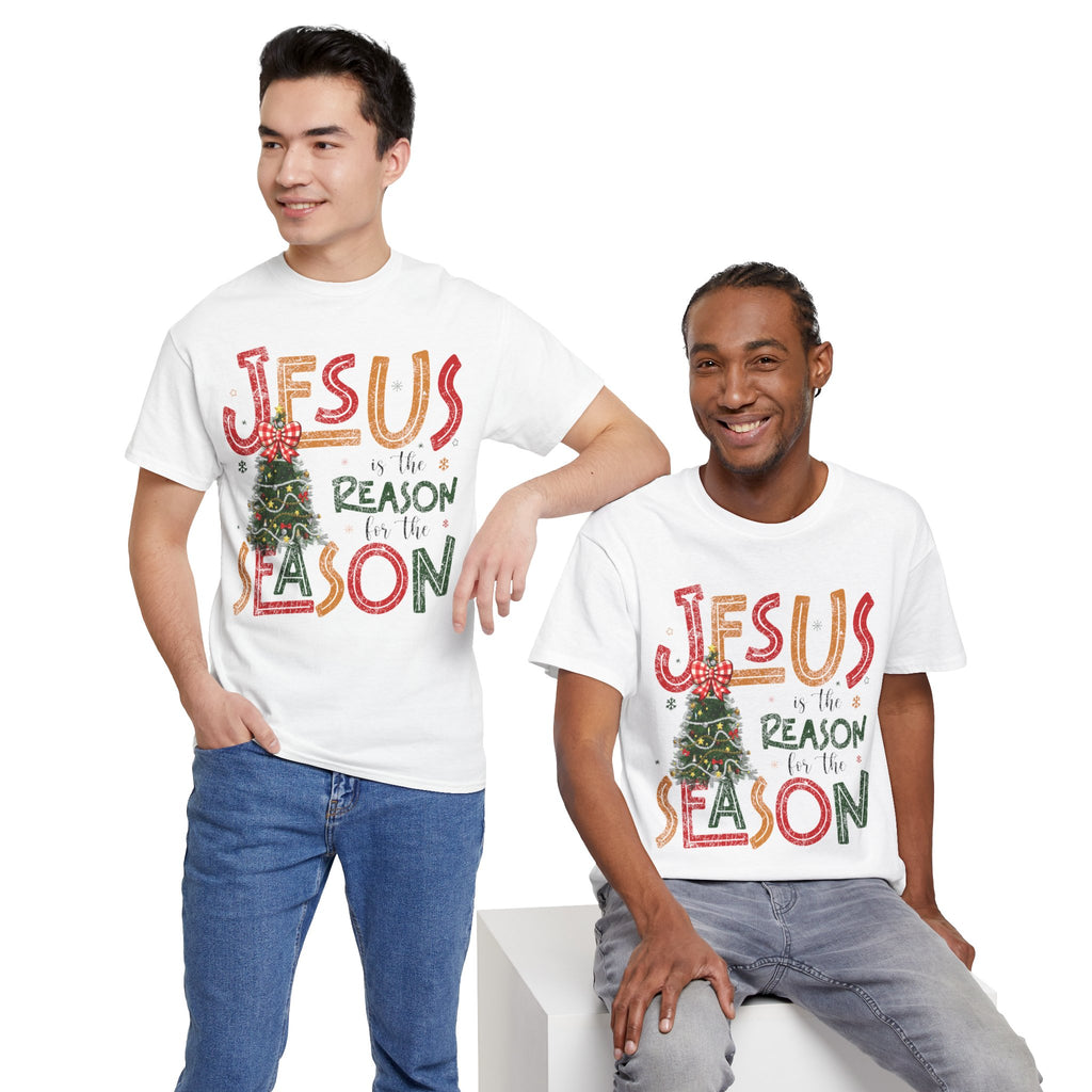 Jesus Is the Reason for the Season Christmas T-Shirt — Plaid Bow Tree..Unisex Cotton Tee