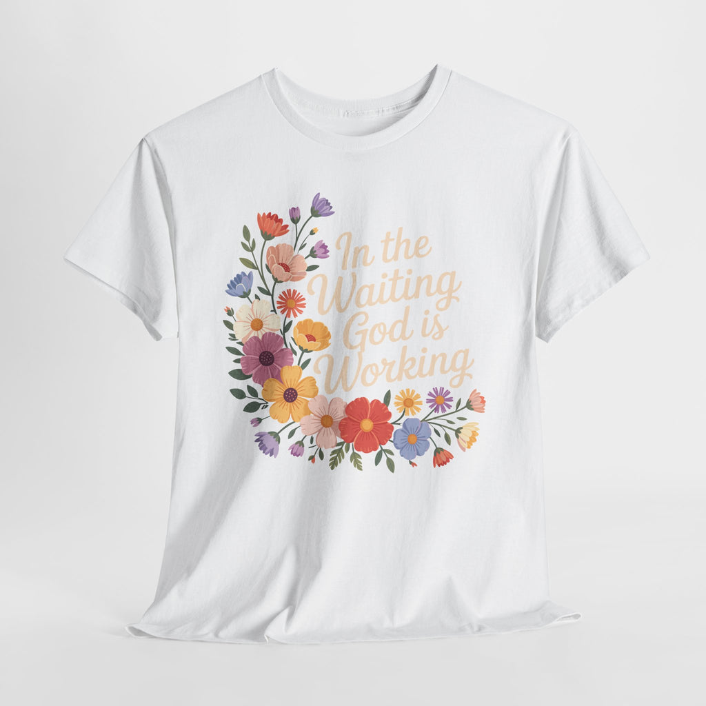Pastel Floral “In the Waiting God Is Working” Unisex Cotton T-Shirt